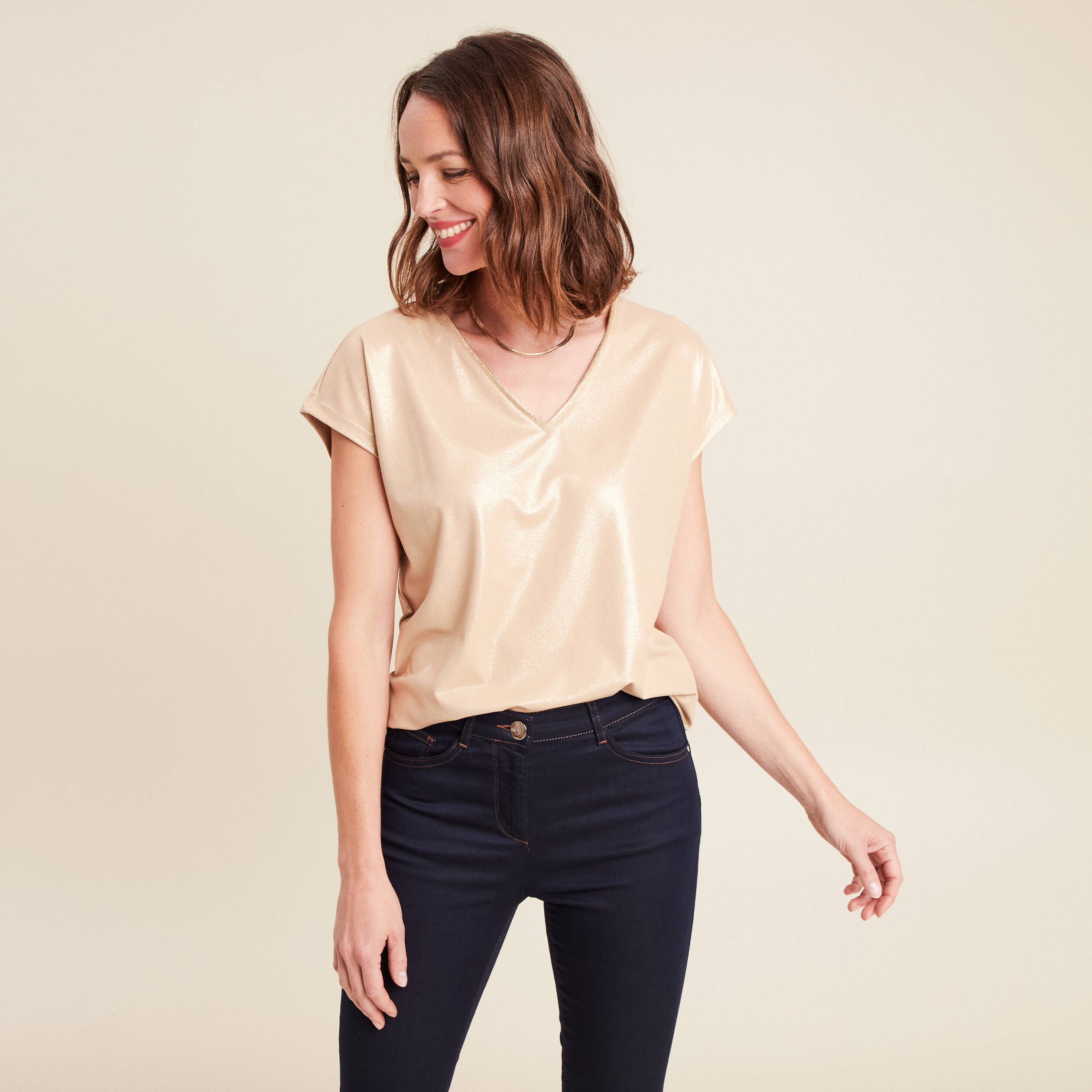 t shirt col v manches courtes beige femme t-shirt col V manches courtes beige femme