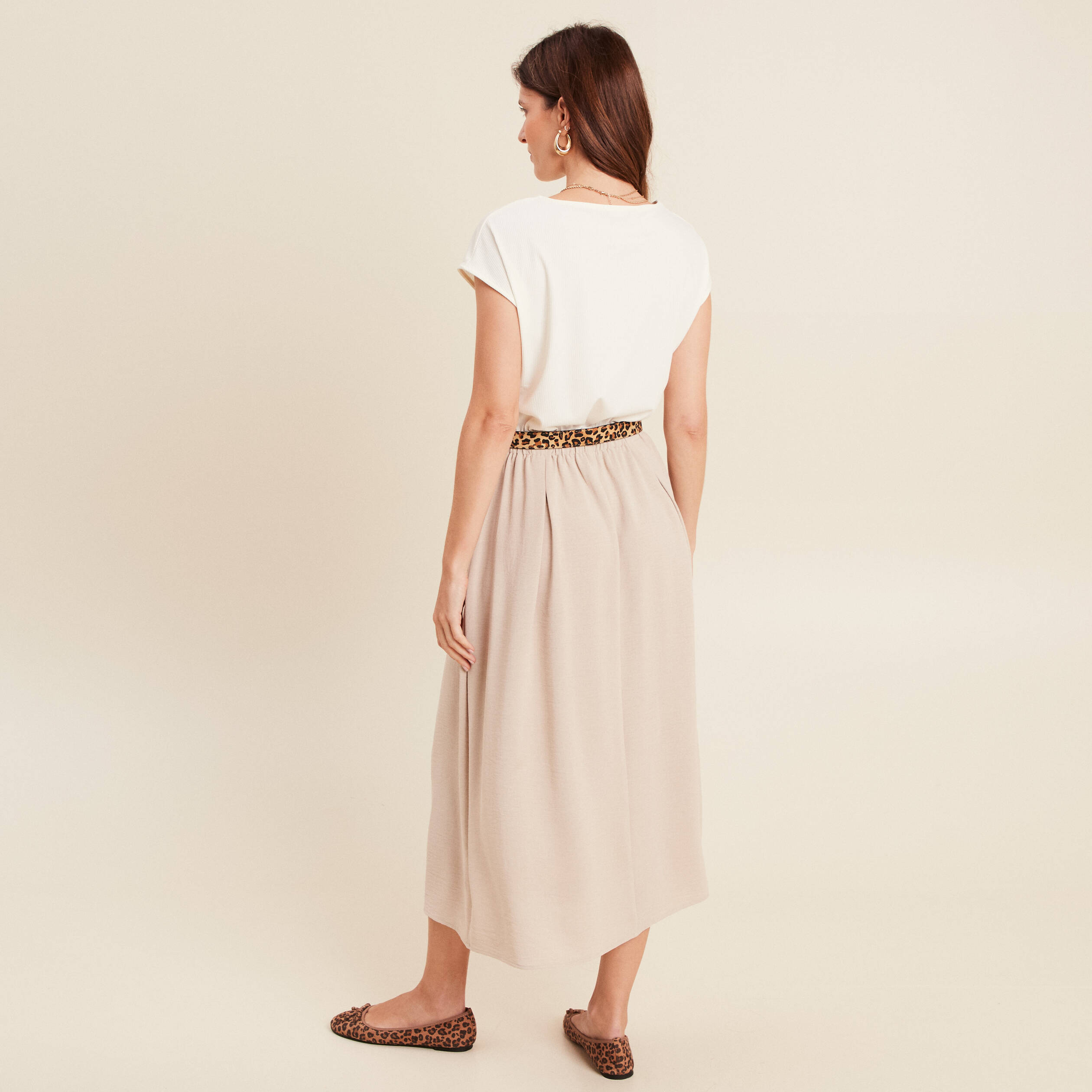 Robe longue évasée bi-matière ecru femme