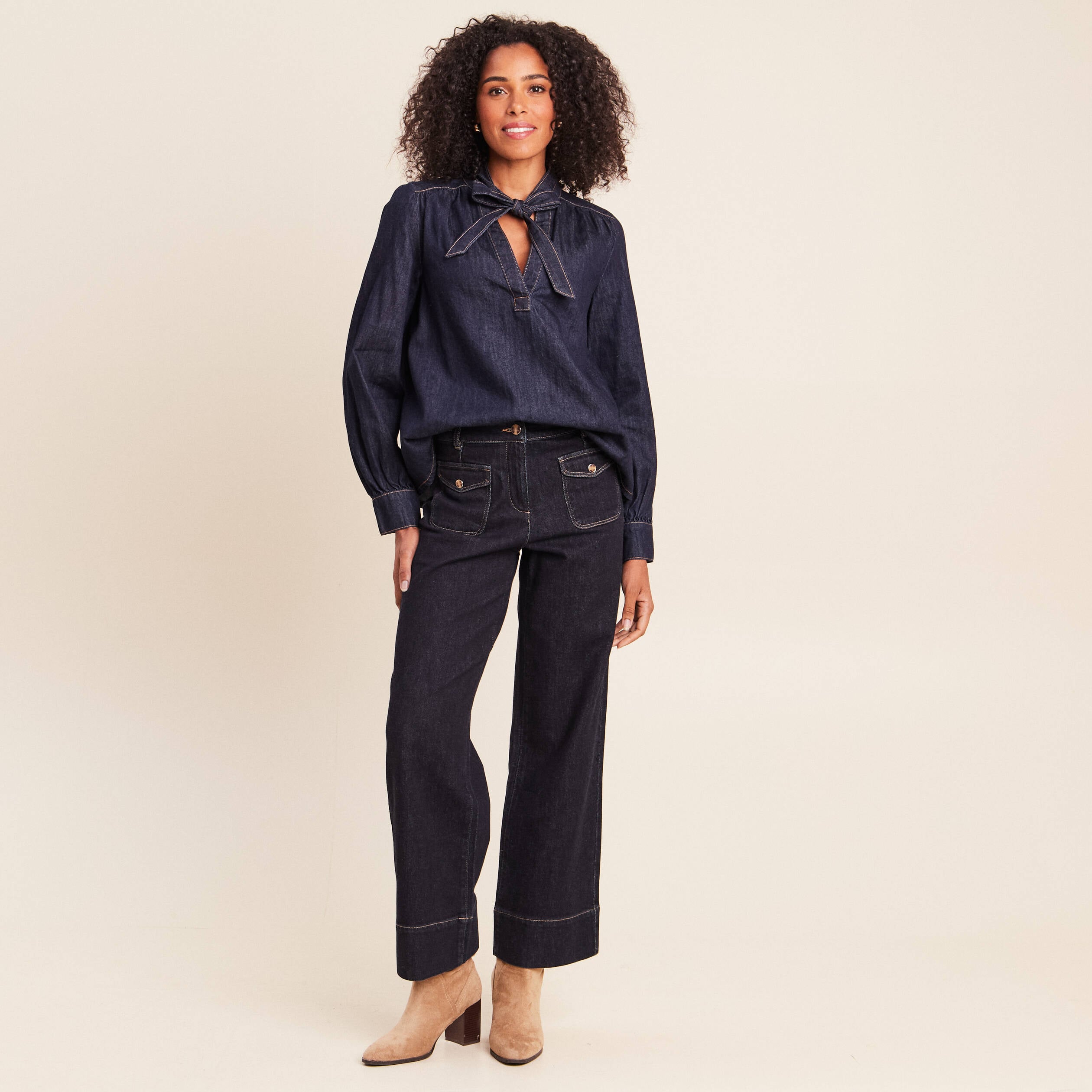 Blouse denim col &agrave; nouer denim brut femme