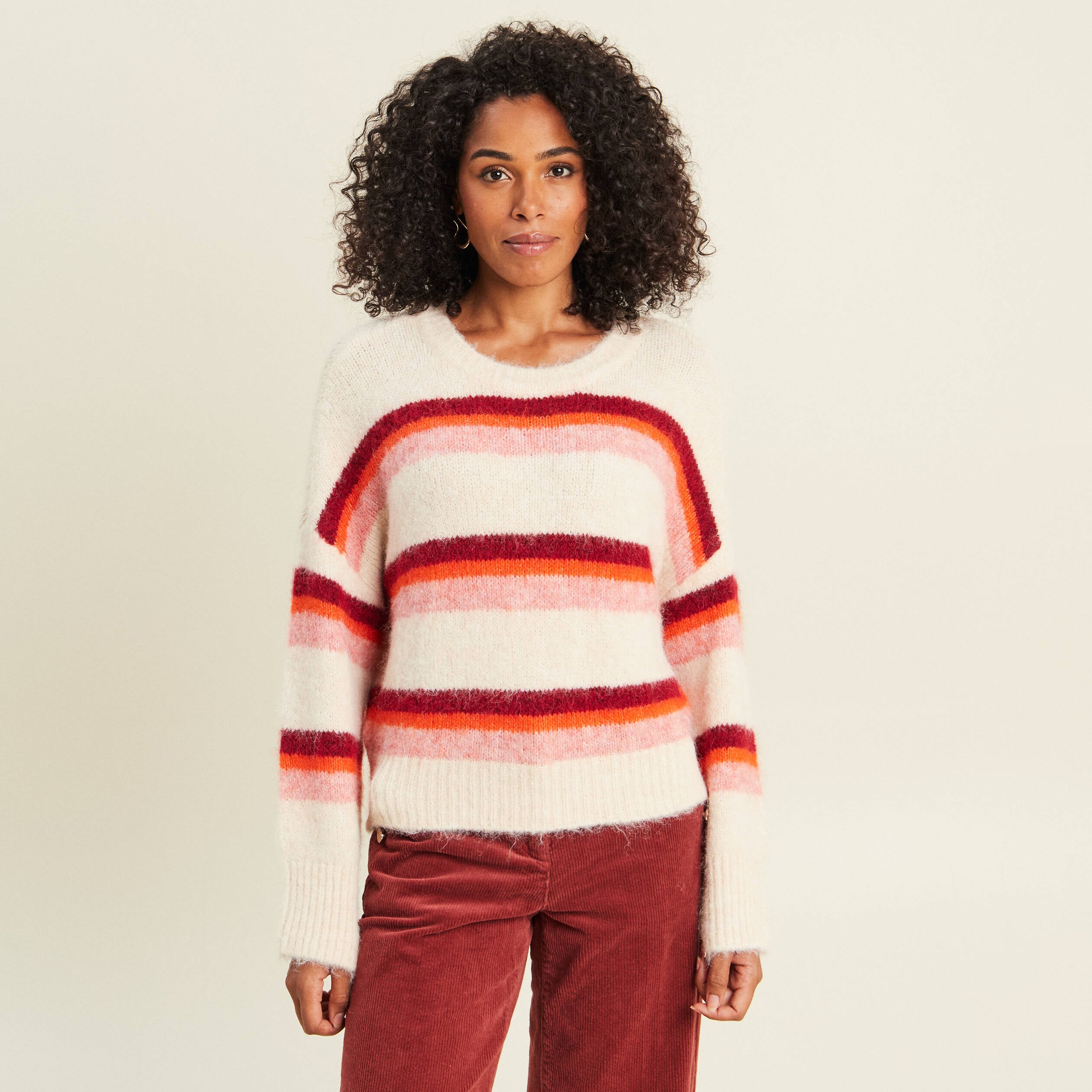 Pull col rond orange femme
