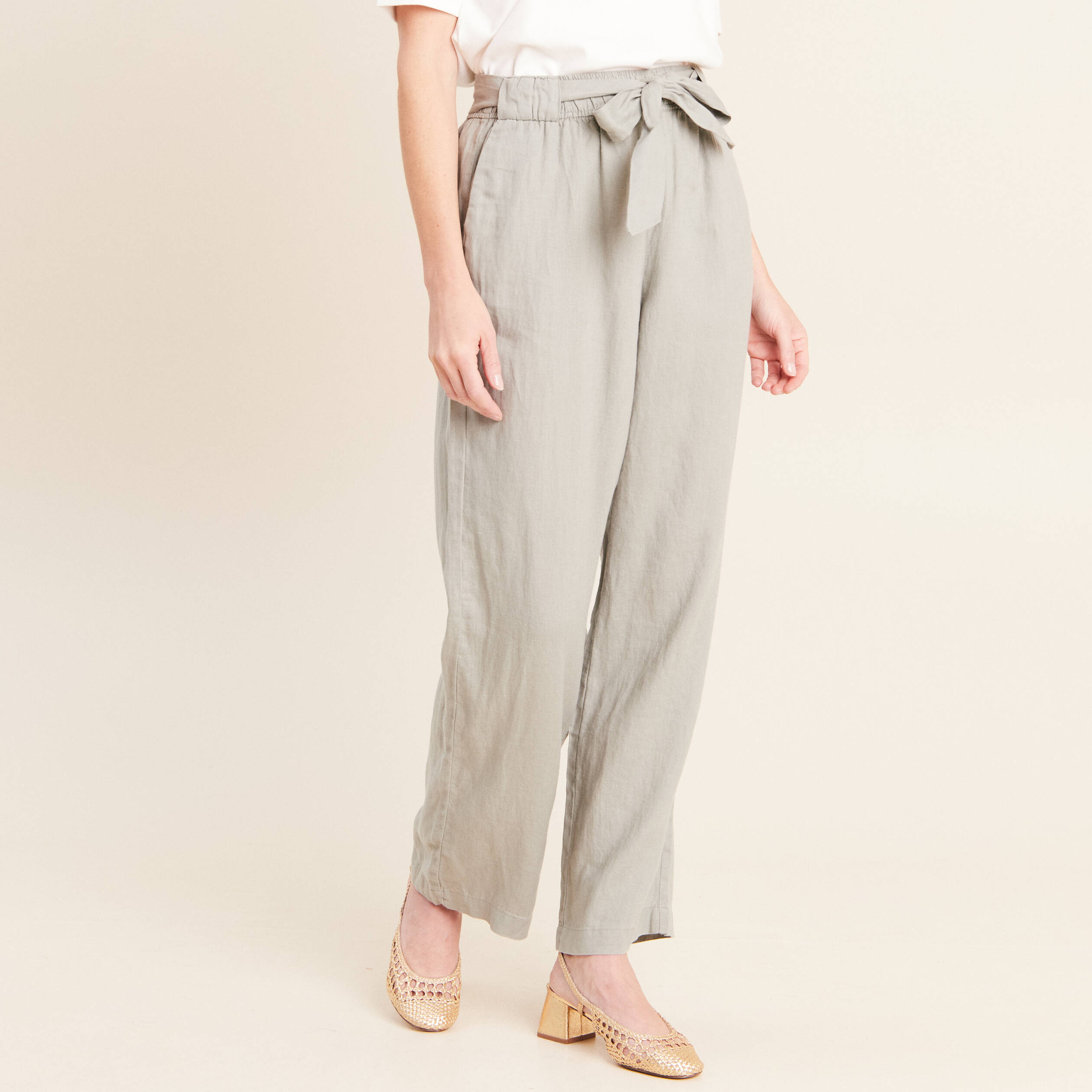Pantalon large taille haute aspect lin vert clair femme