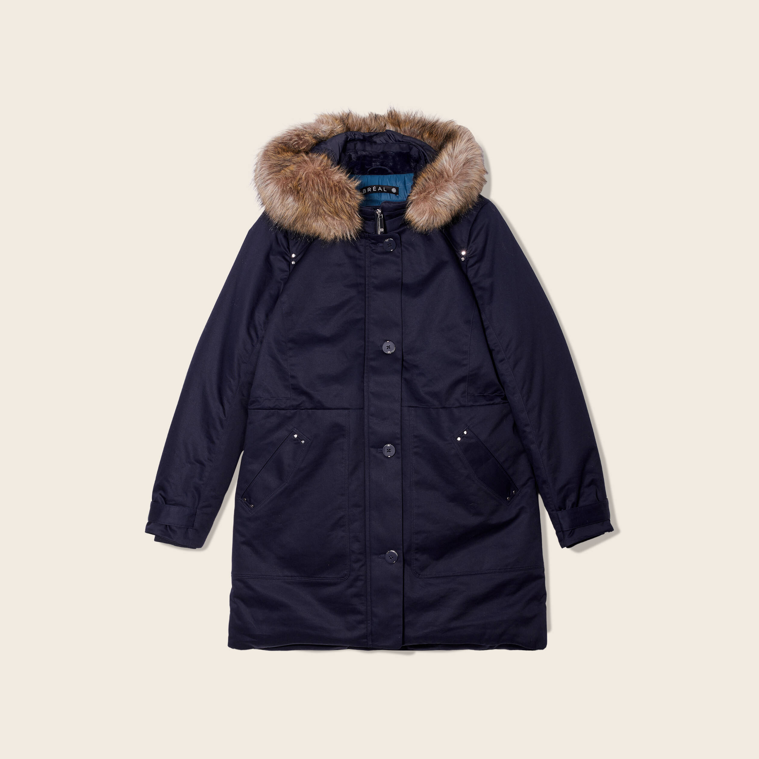 Parka cintr&eacute;e capuche fourrure bleu fonc&eacute; femme