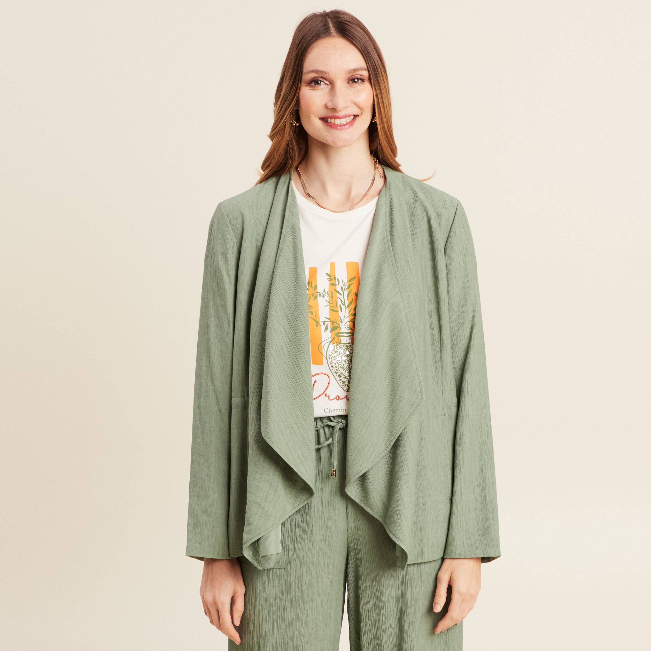 veste fluide col cascade vert kaki femme Veste fluide col cascade vert kaki femme