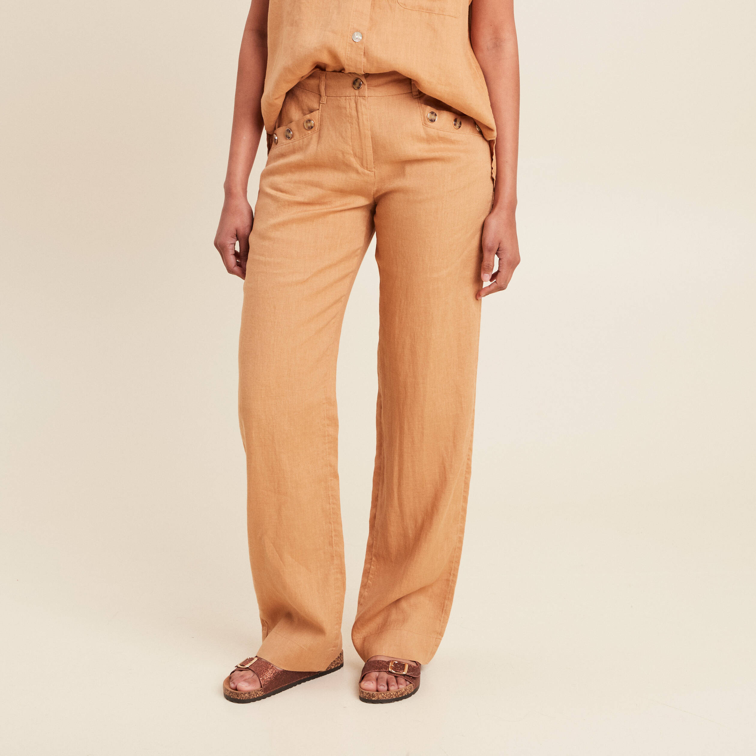 pantalon fluide taille haute beige femme Pantalon fluide taille haute beige femme