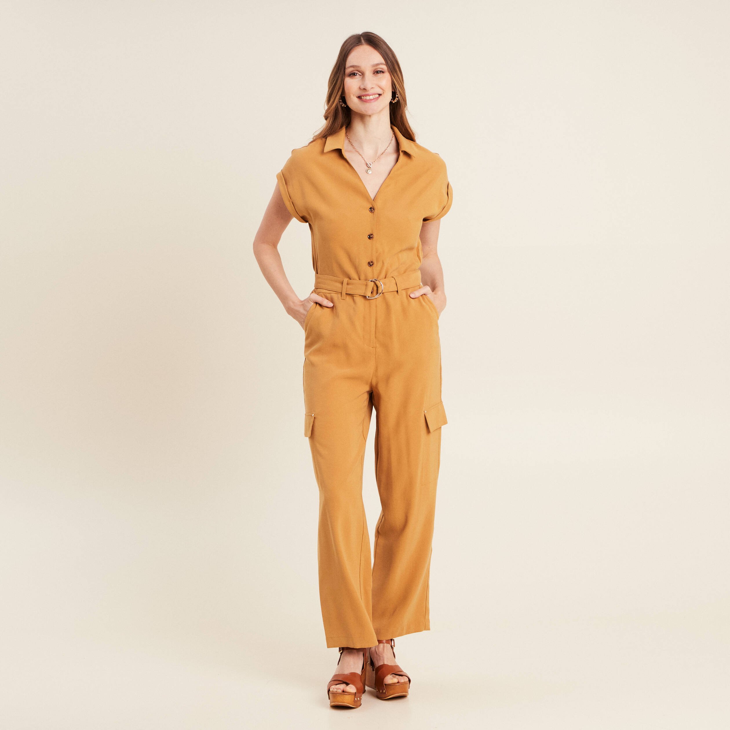 Combinaison pantalon fluide camel femme