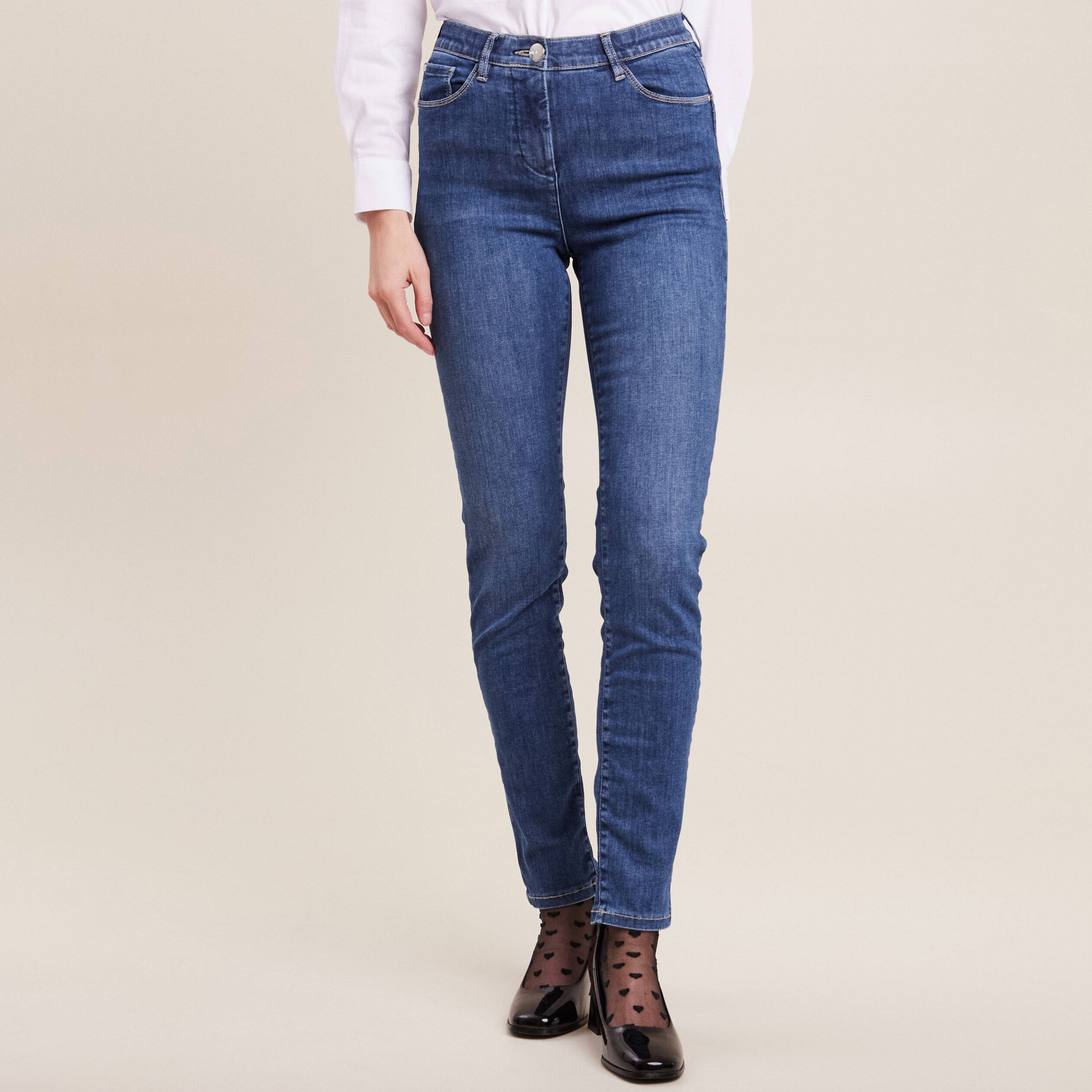 Jean magique ajusté taille standard denim double stone femme
