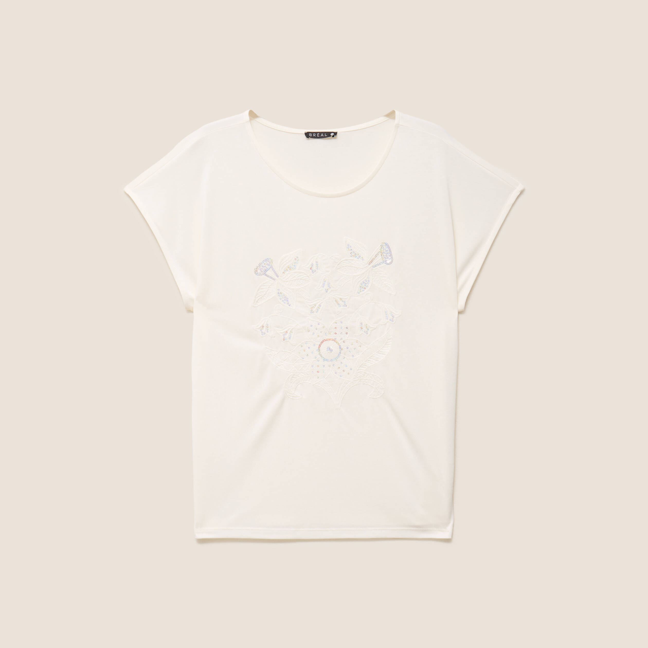 T-shirt col rond manches courtes brod&eacute; ecru femme