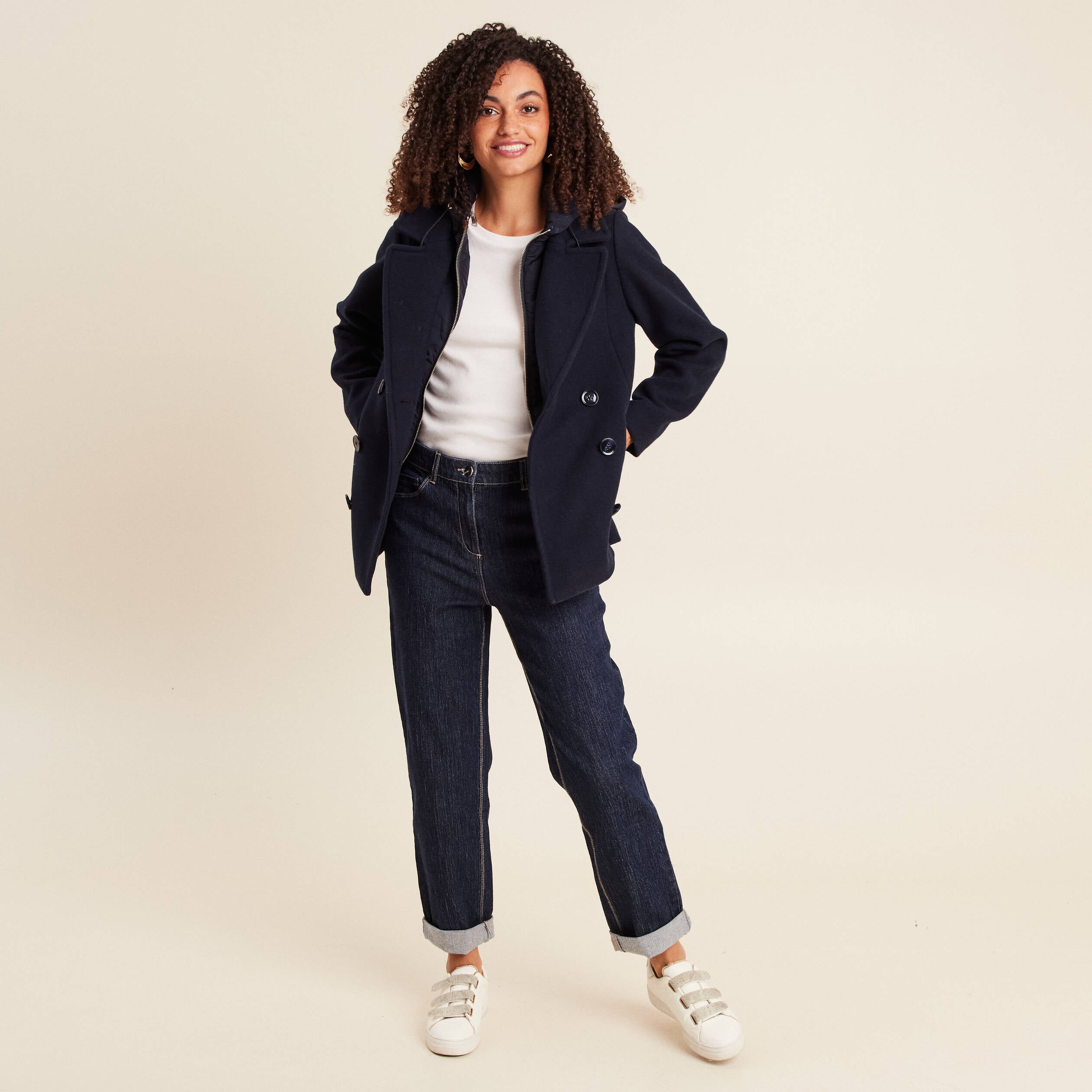 Caban doubl&eacute; avec capuche bleu marine femme