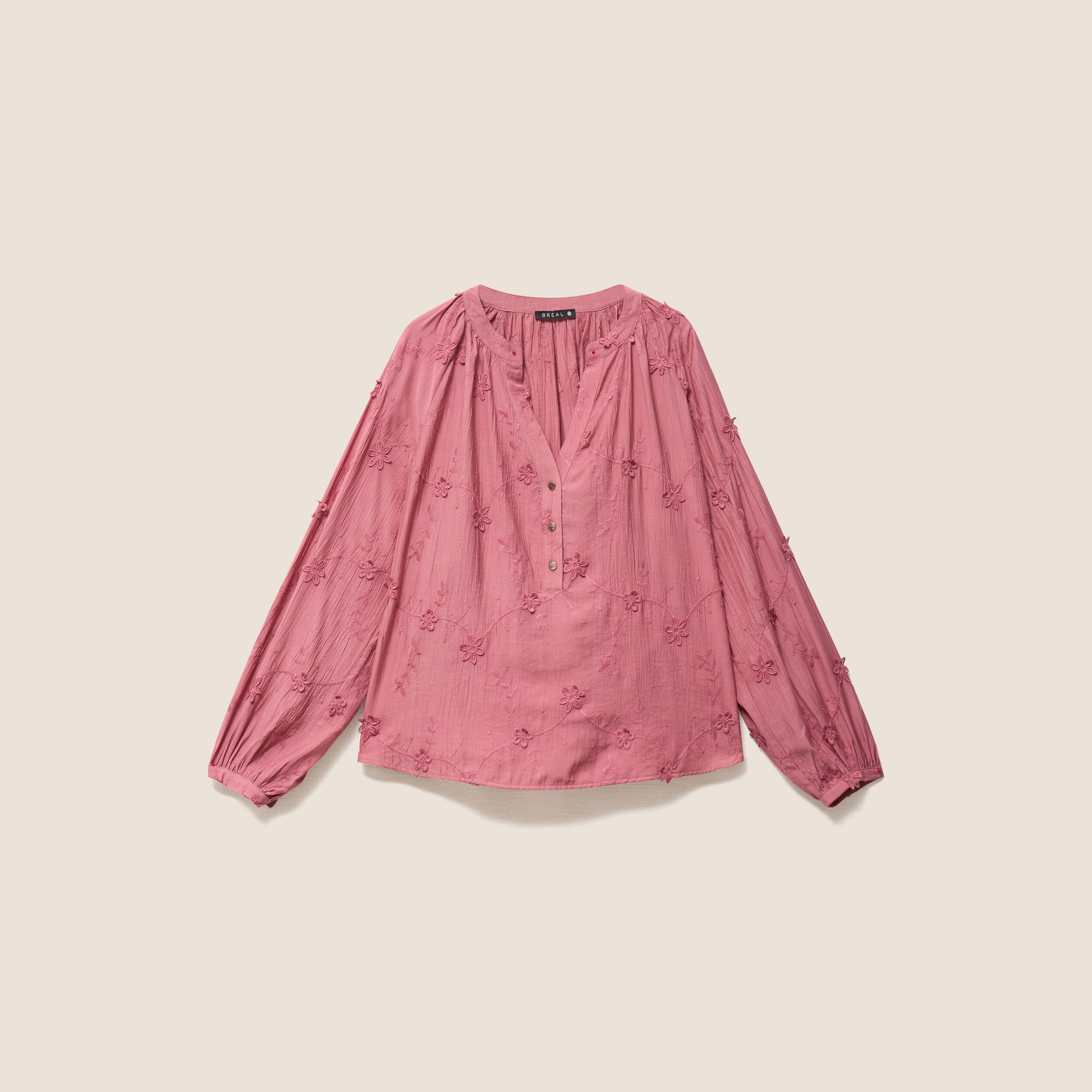 Blouse ample manches longues brod&eacute;e mauve femme