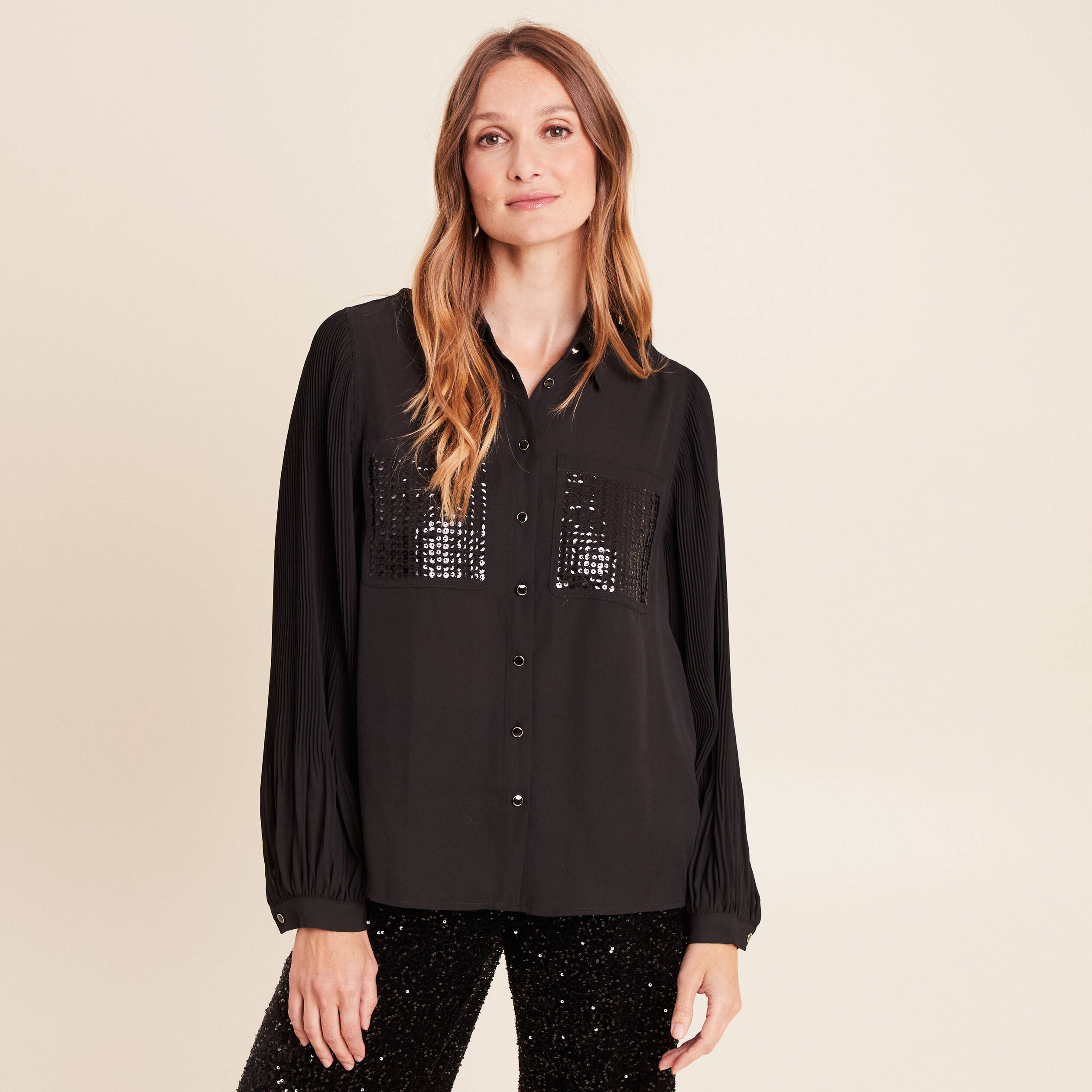 Chemise fluide &agrave; sequins manches longues noir femme