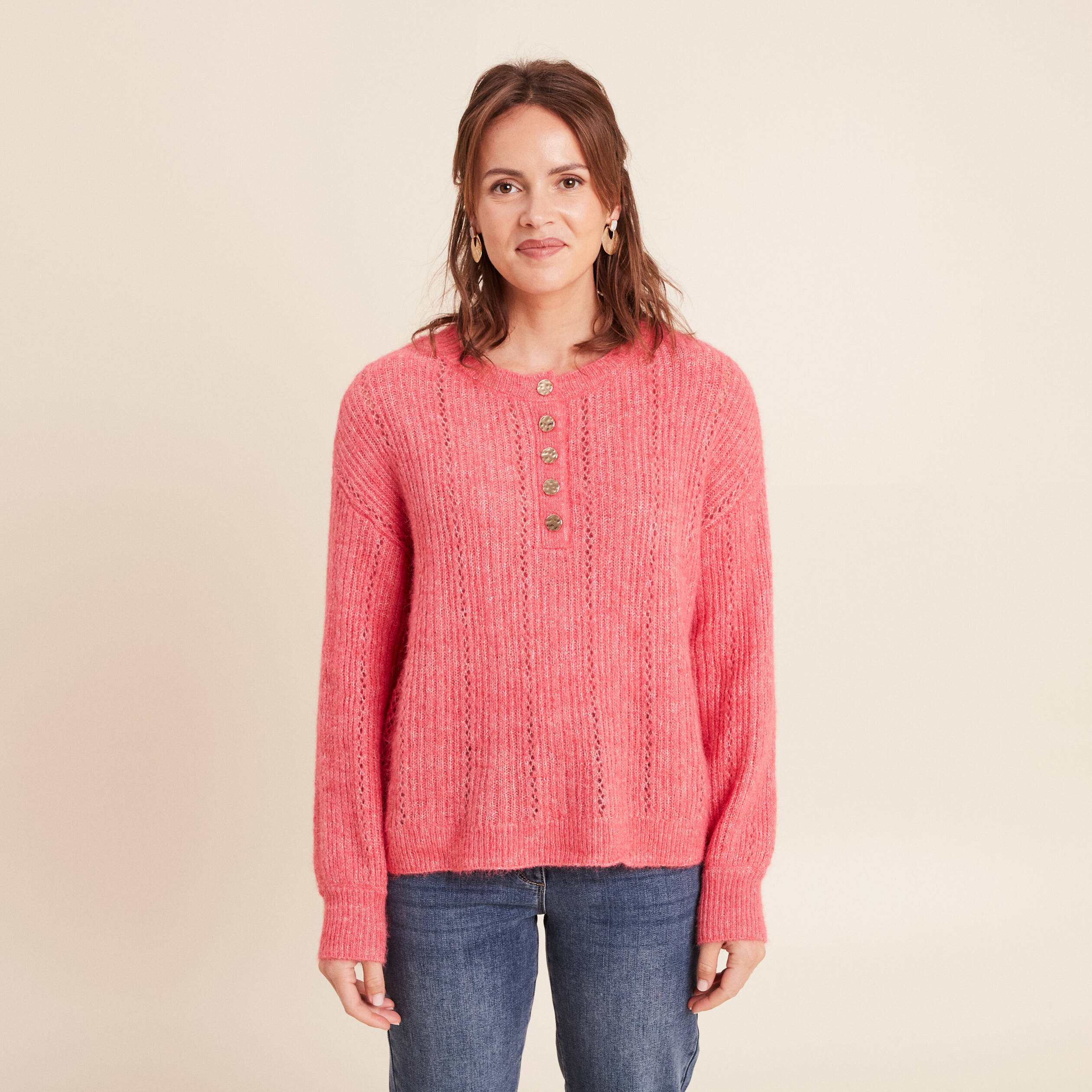 T-shirt à manches mi-longues et col en V pour femme - Tunique ample à manches longues, rose, L