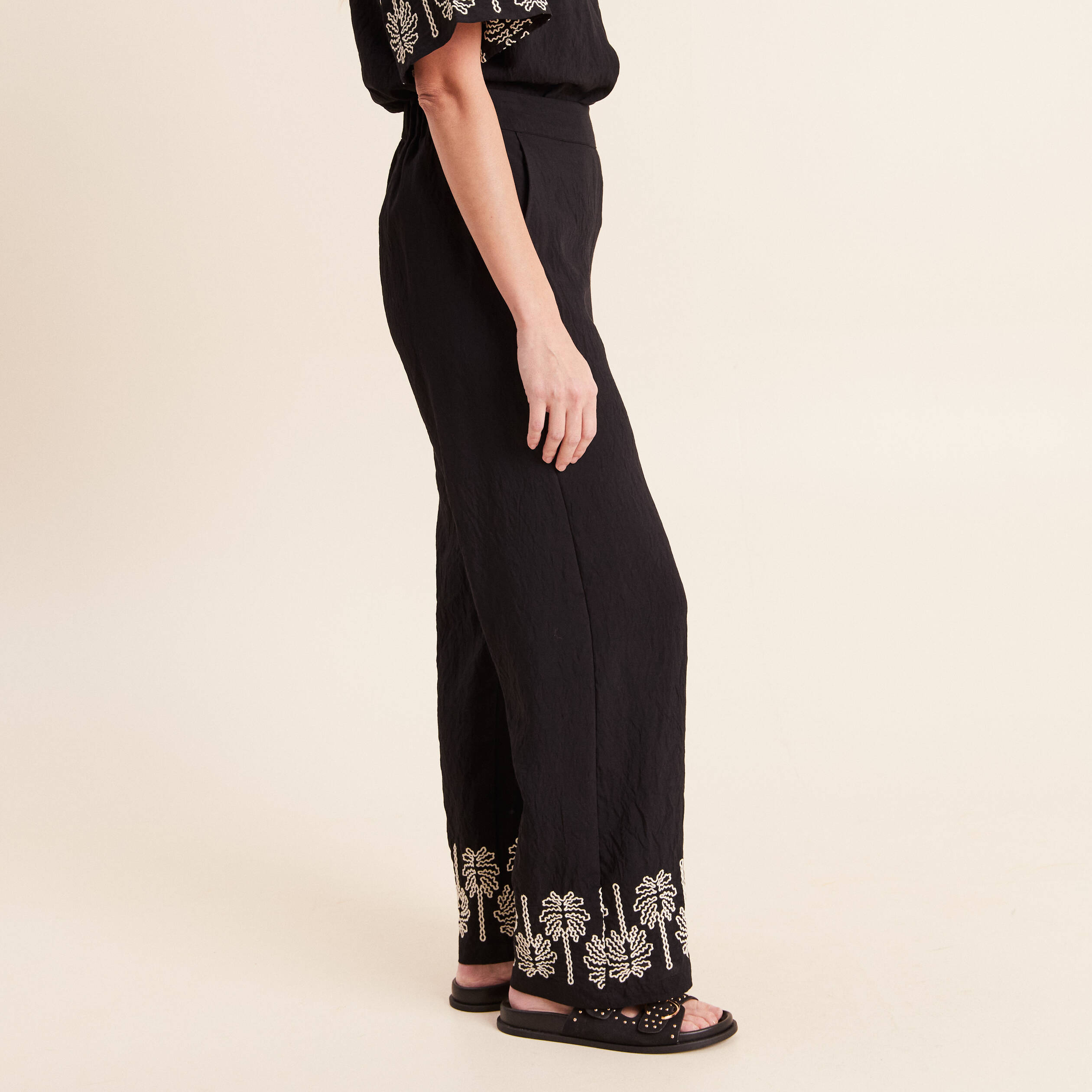 Pantalon large 7/8&egrave;me taille haute noir femme
