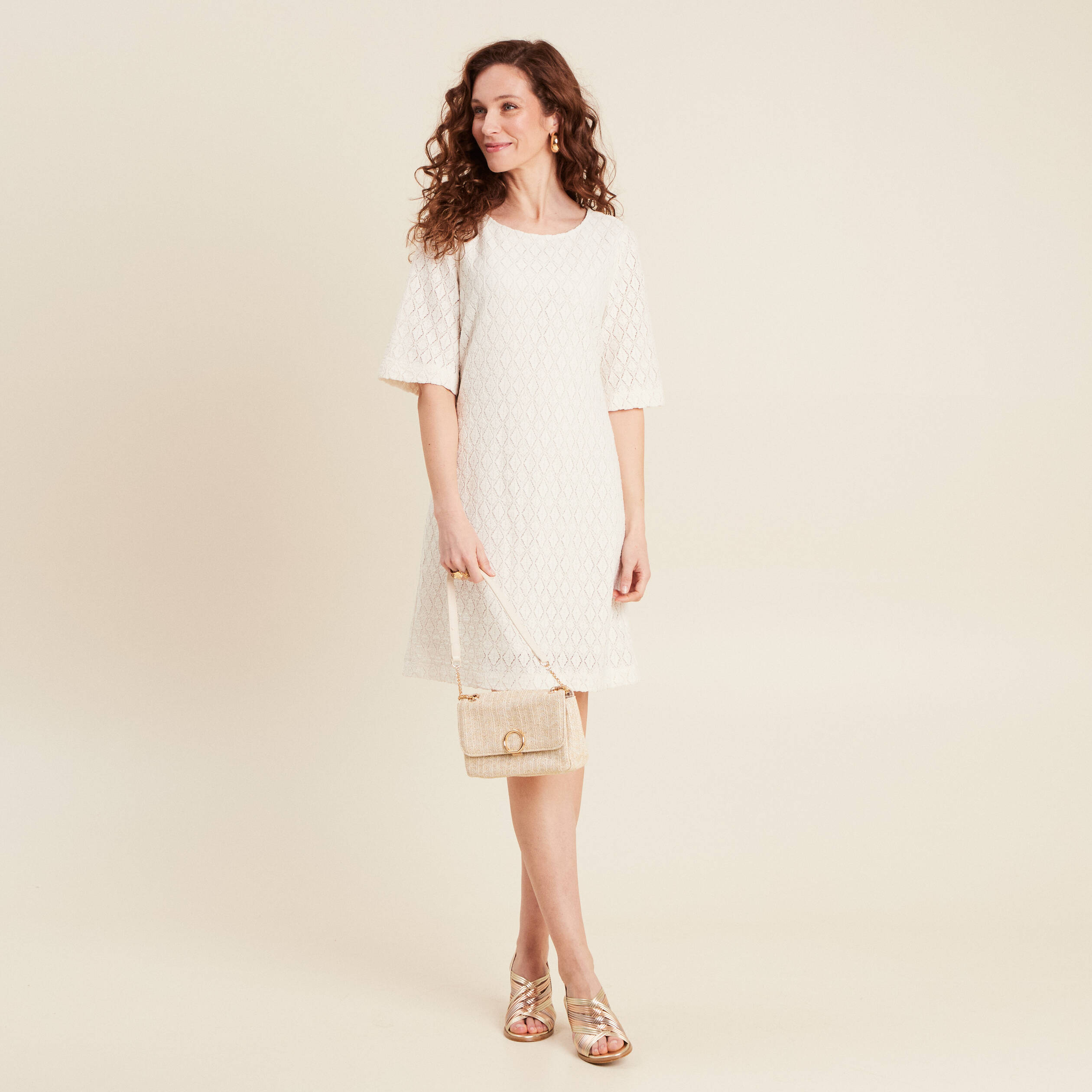 Robe droite dentelle ecru femme