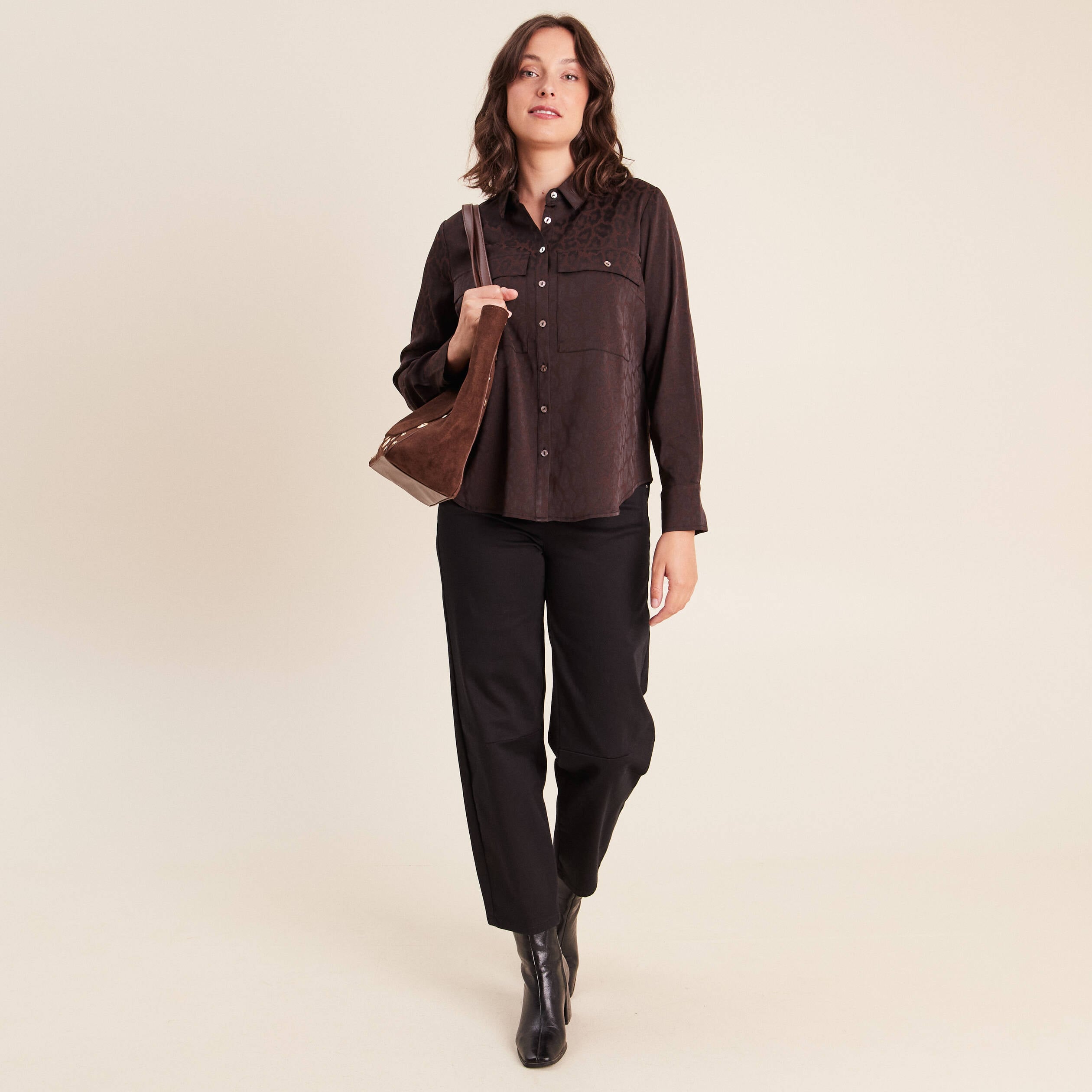 Chemise manches longues marron femme
