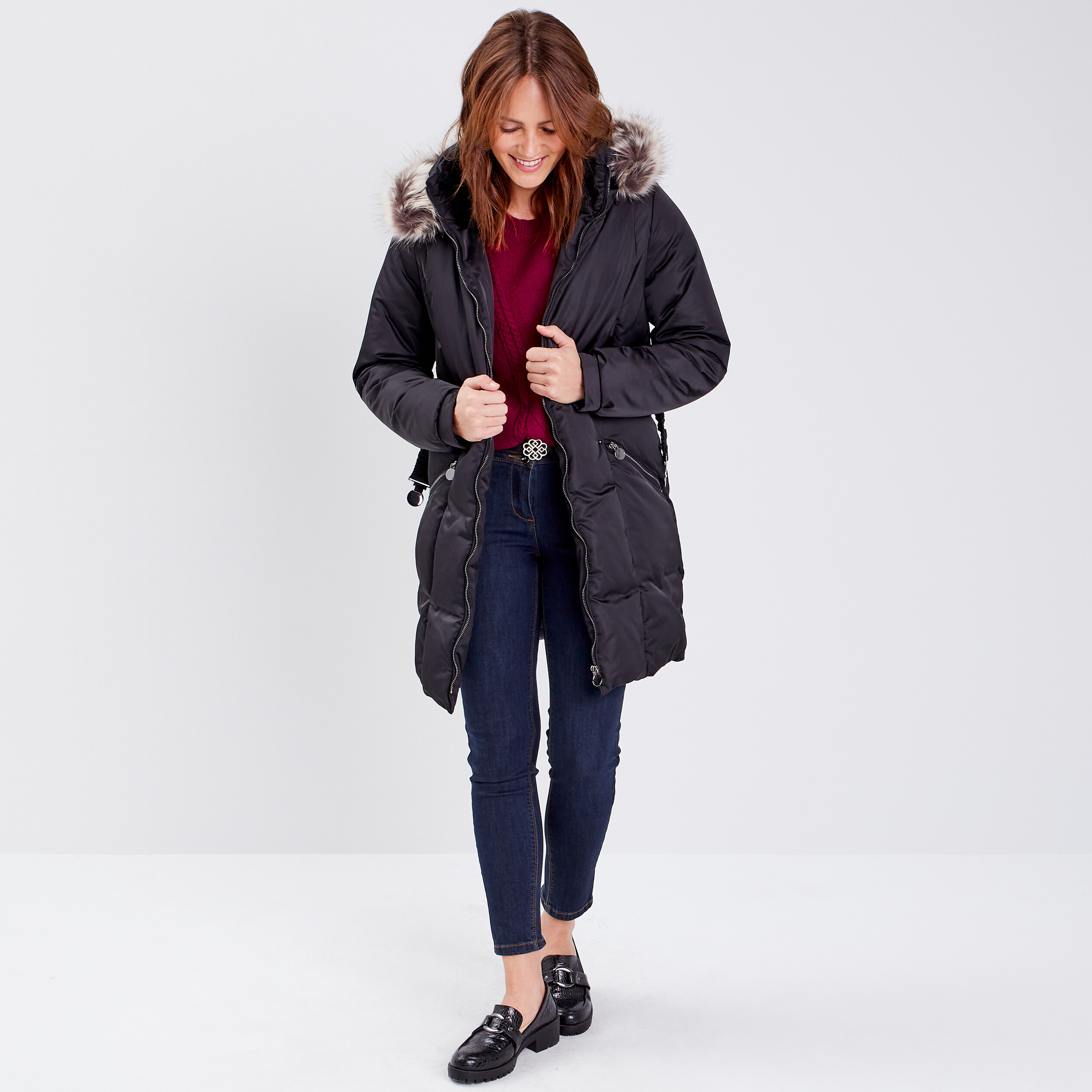 Doudoune droite ceinturée déperlante noir femme