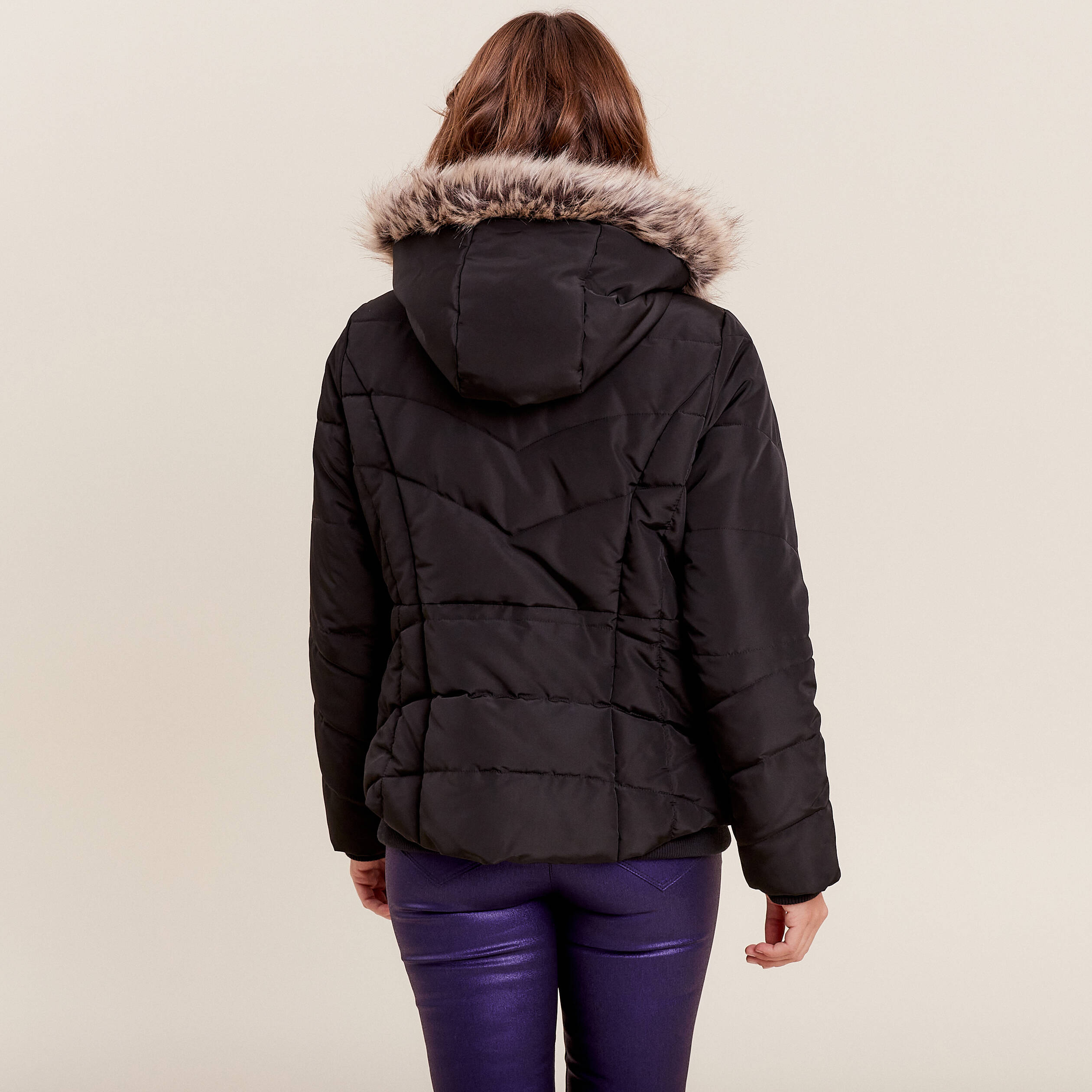 Doudoune déperlante à capuche fourrure noir femme