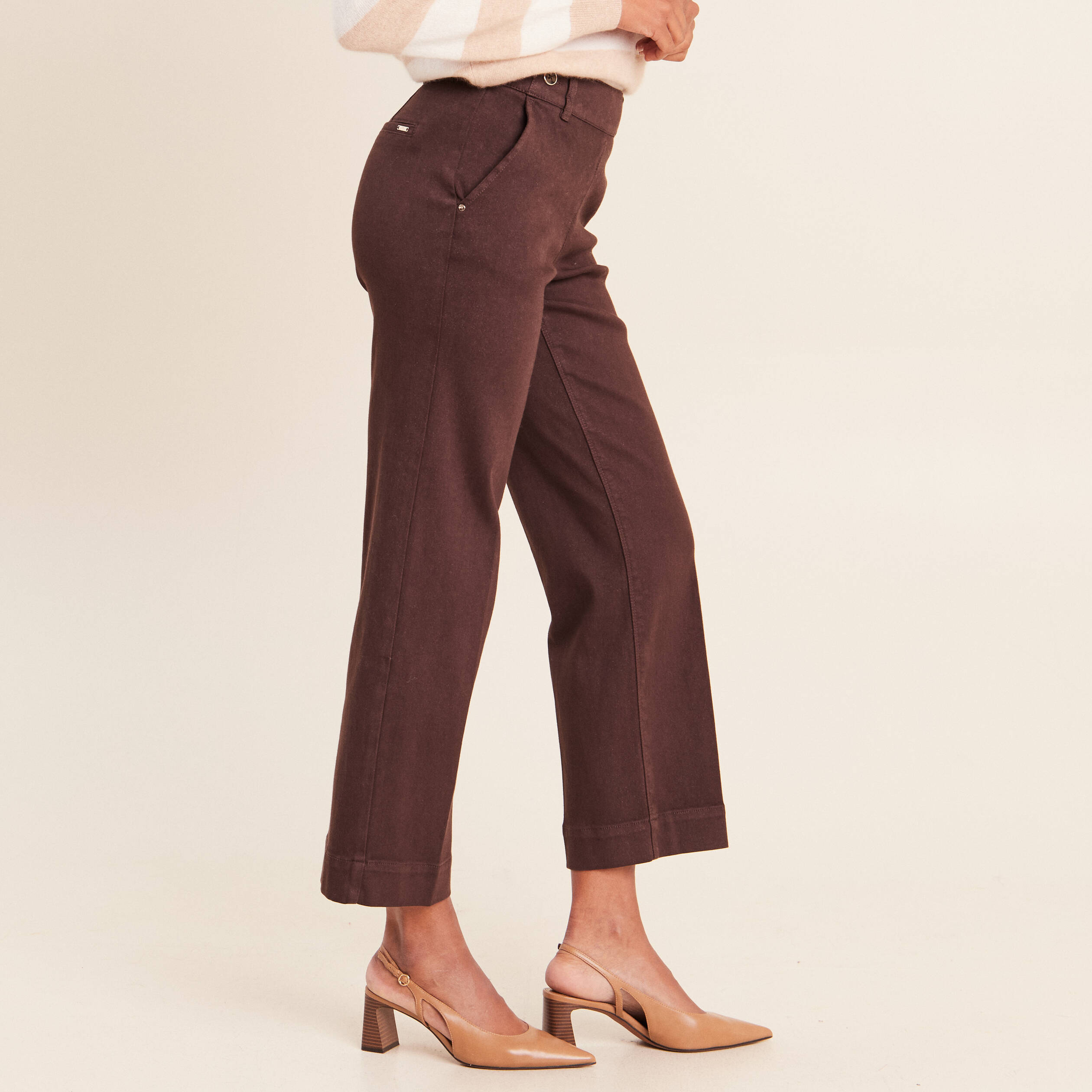 Jean large taille haute &agrave; paillettes marron fonc&eacute; femme