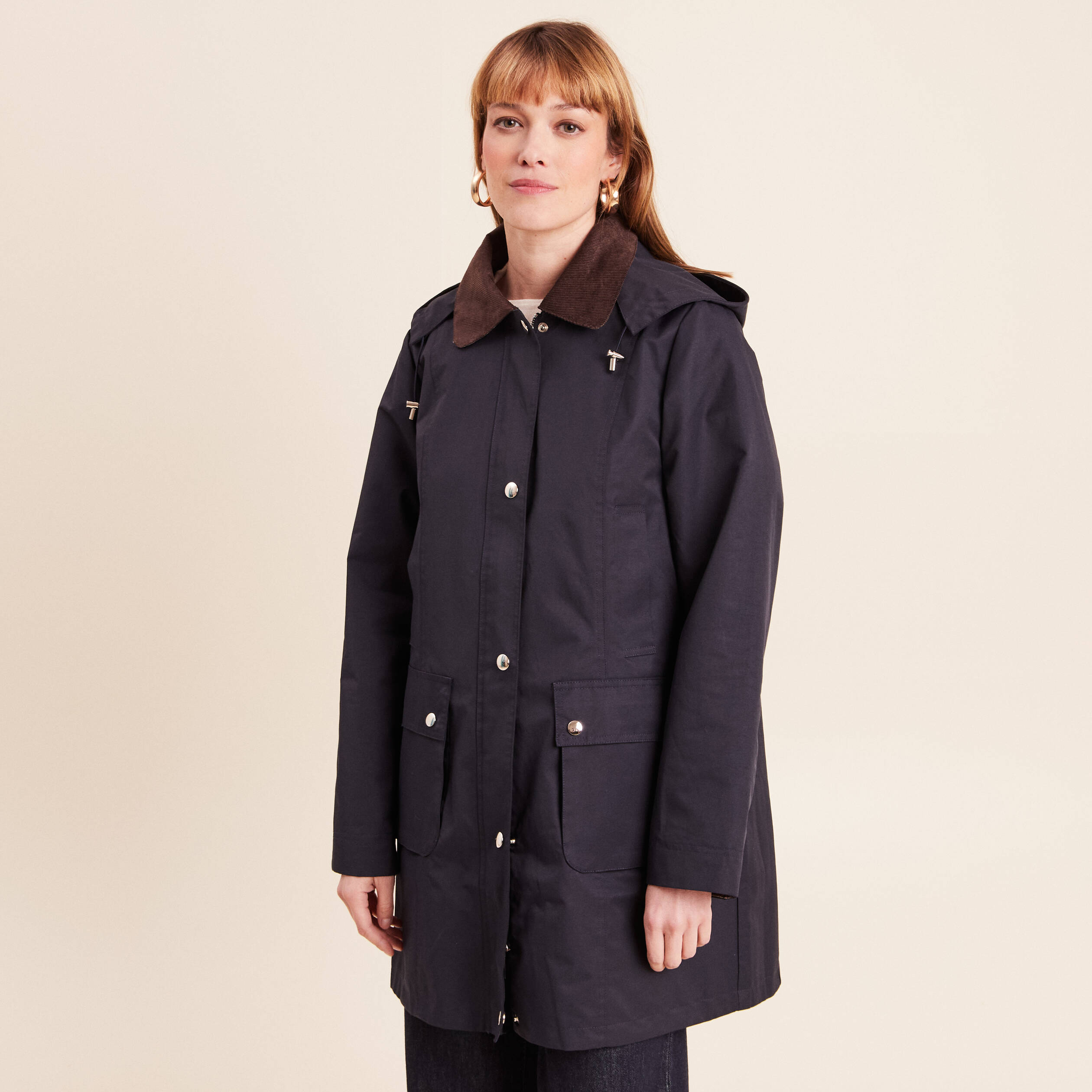 Parka &agrave; capuche doubl&eacute;e bleu fonc&eacute; femme