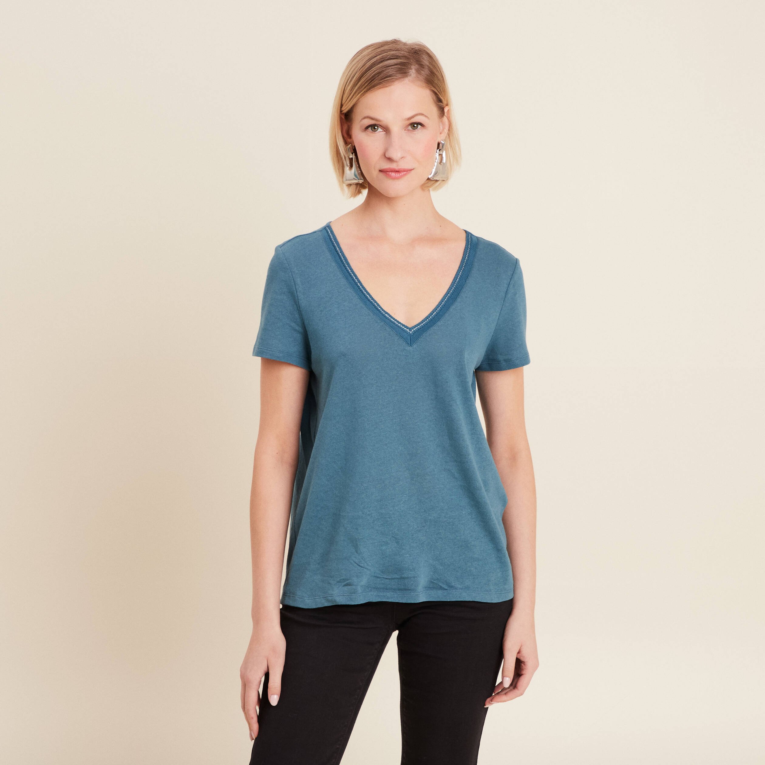 t shirt manches courtes col en v bleu petrole femme T-shirt manches courtes col en V bleu pétrole femme