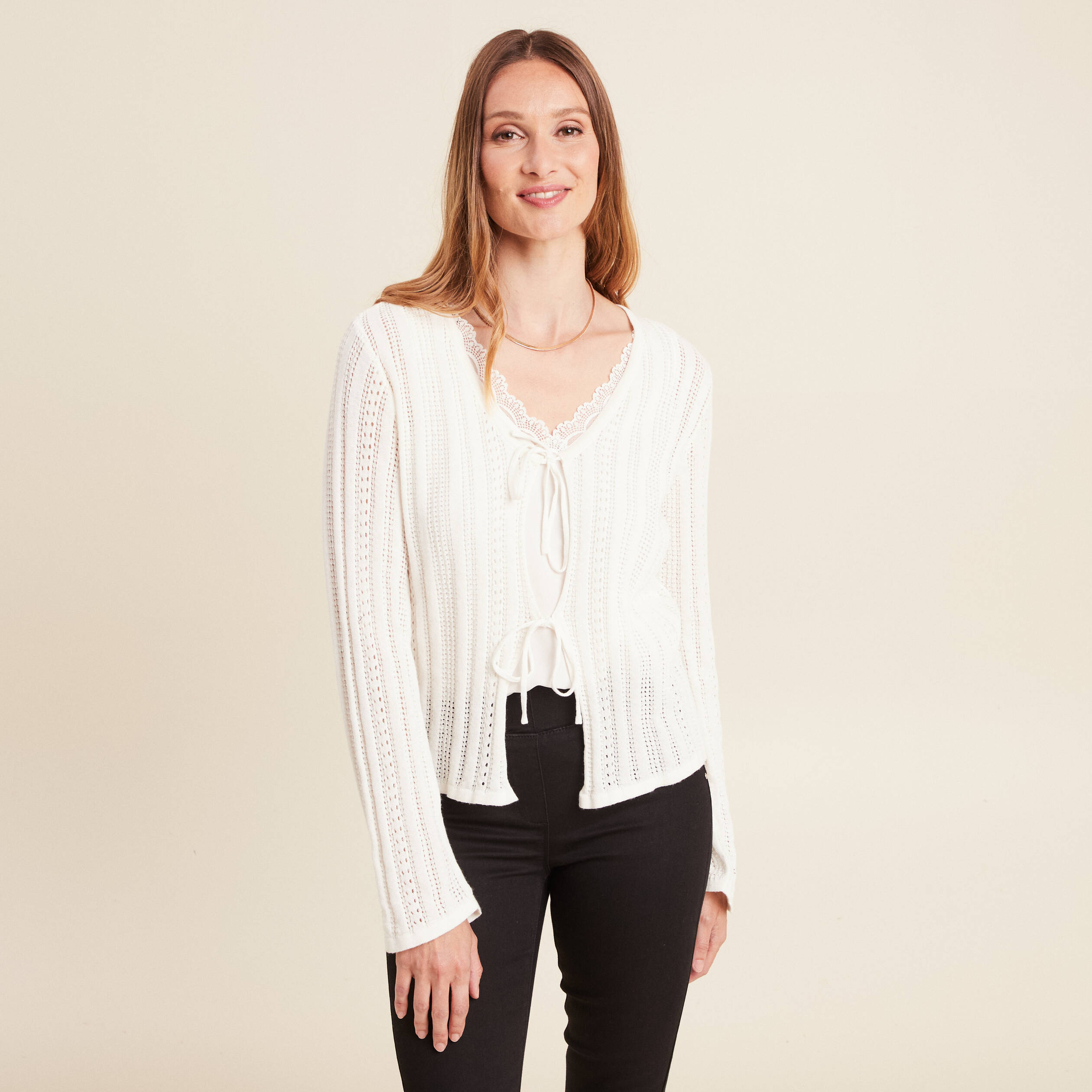 gilet mi long manches longues ecru femme Gilet mi-long manches longues ecru femme
