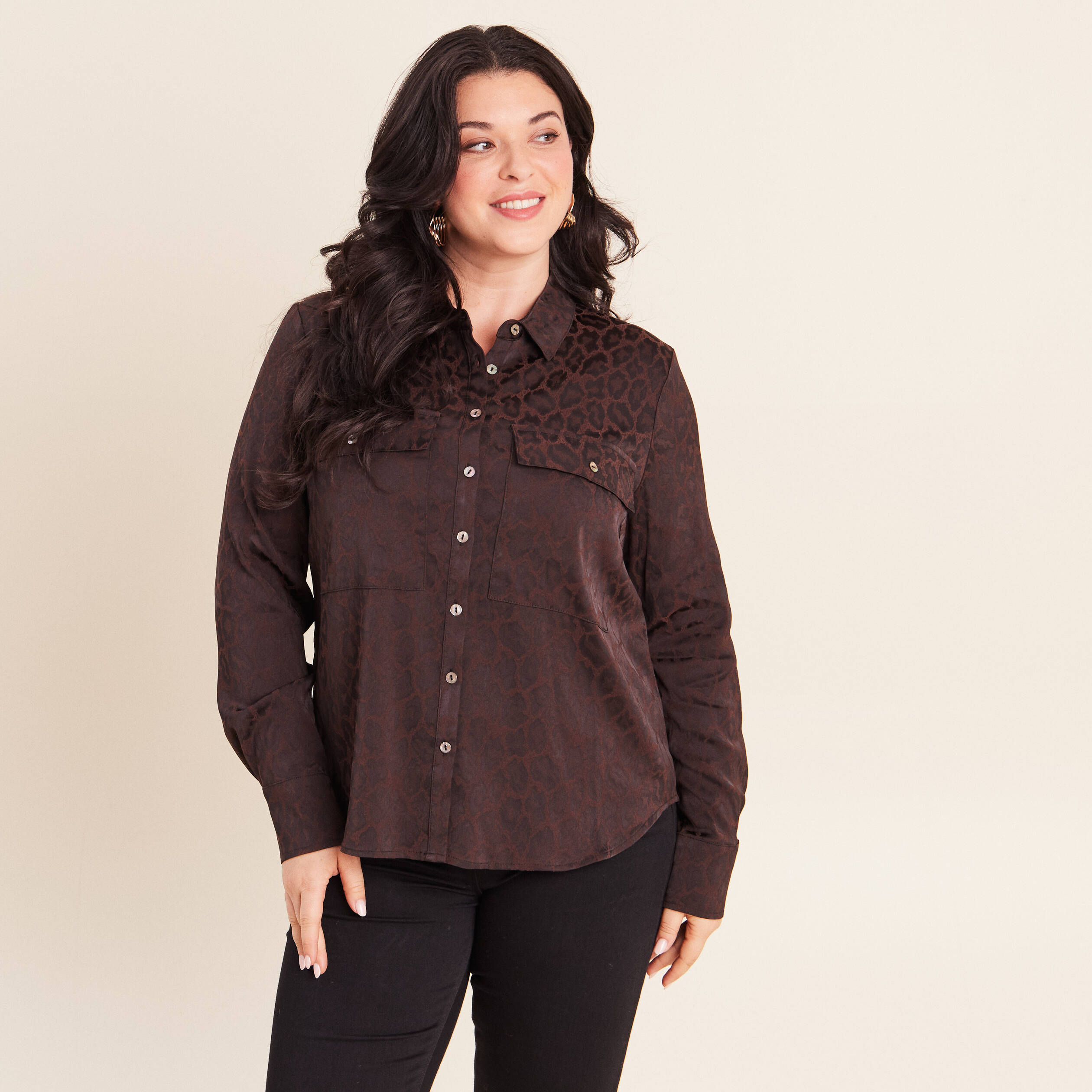 Chemise manches longues marron femme