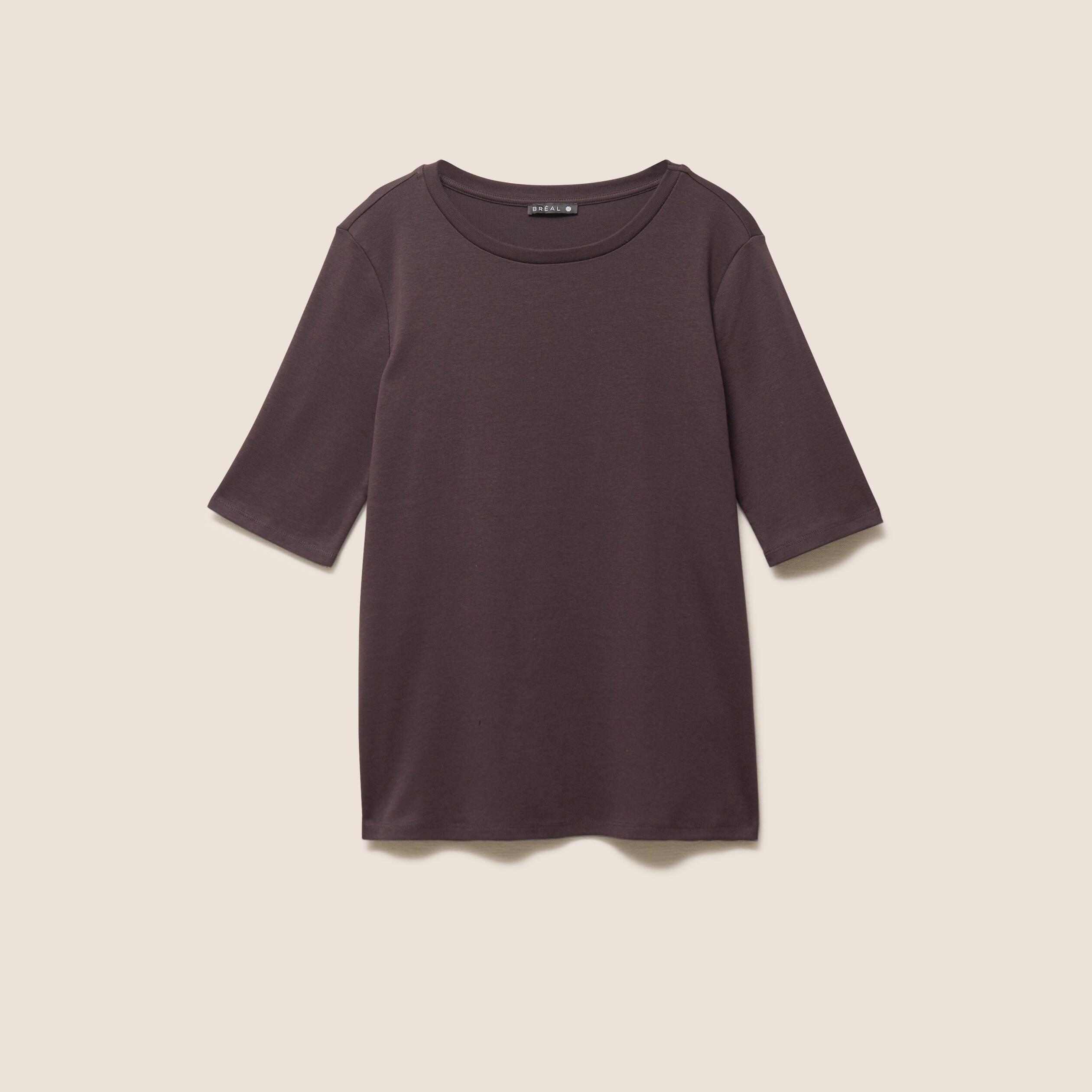 T-shirt ajust&eacute; col rond manches coudes marron fonc&eacute; femme