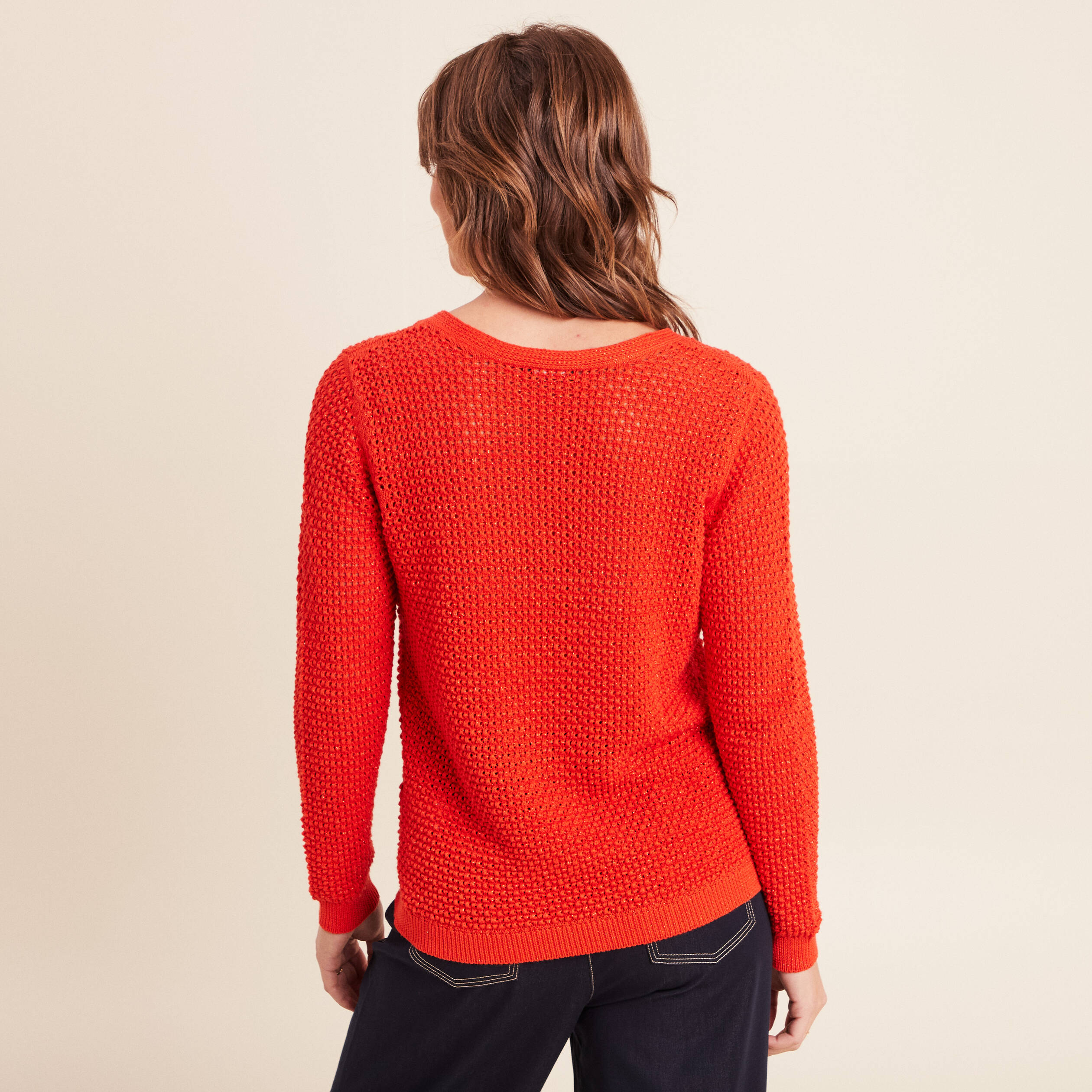 Pull manches longues col en V orange fonc&eacute; femme