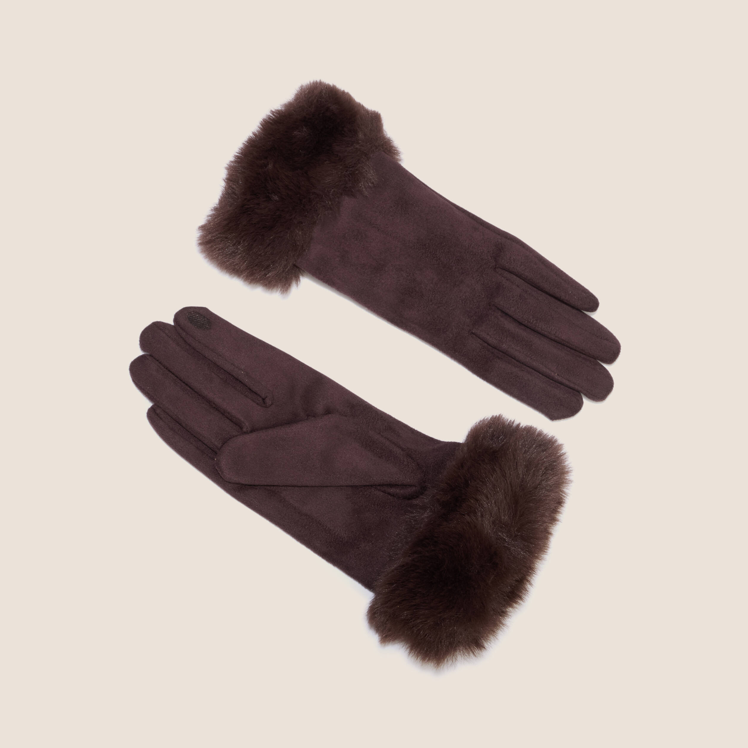 Gants en fausse fourrure marron fonc&eacute; femme