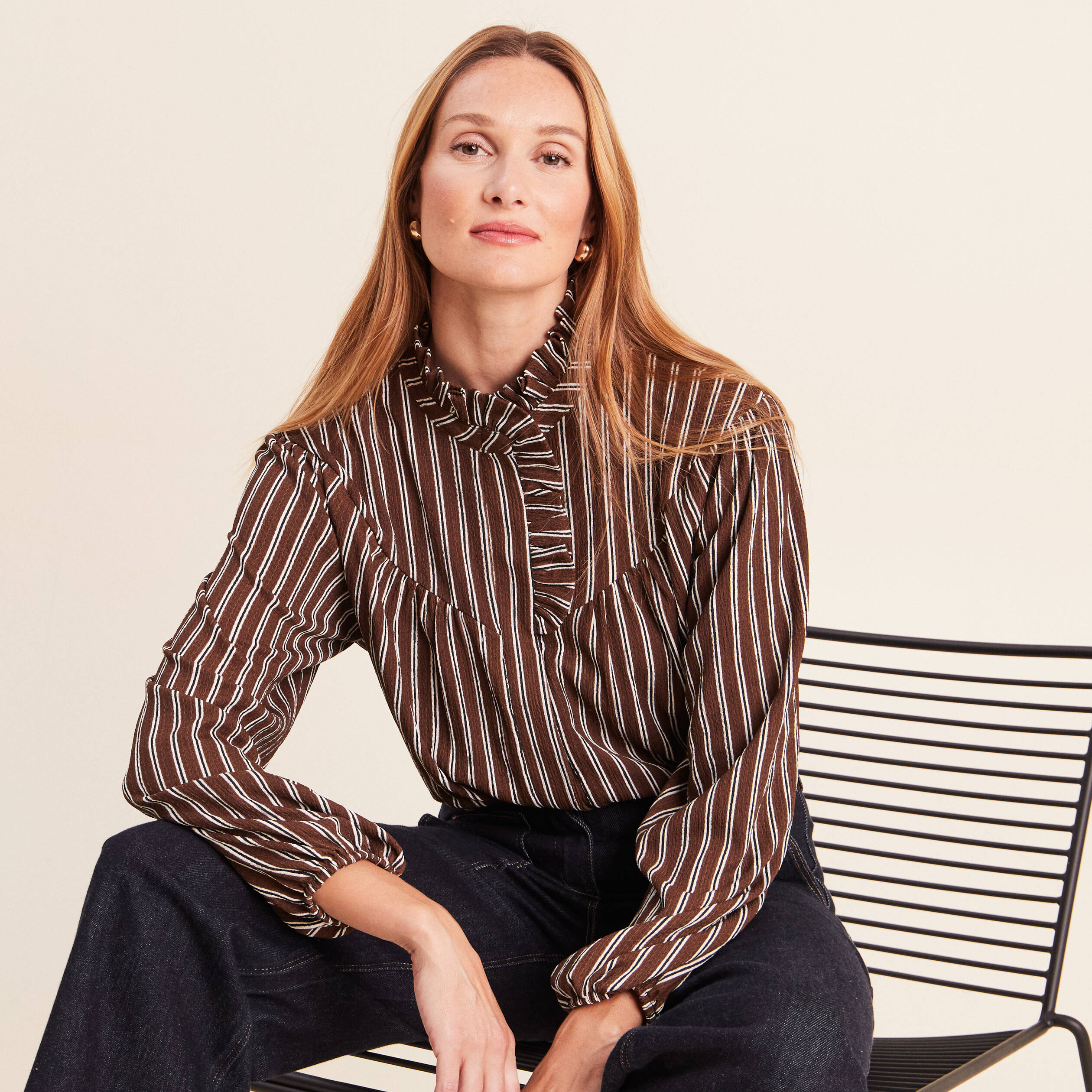 Blouse droite manches longues marron femme
