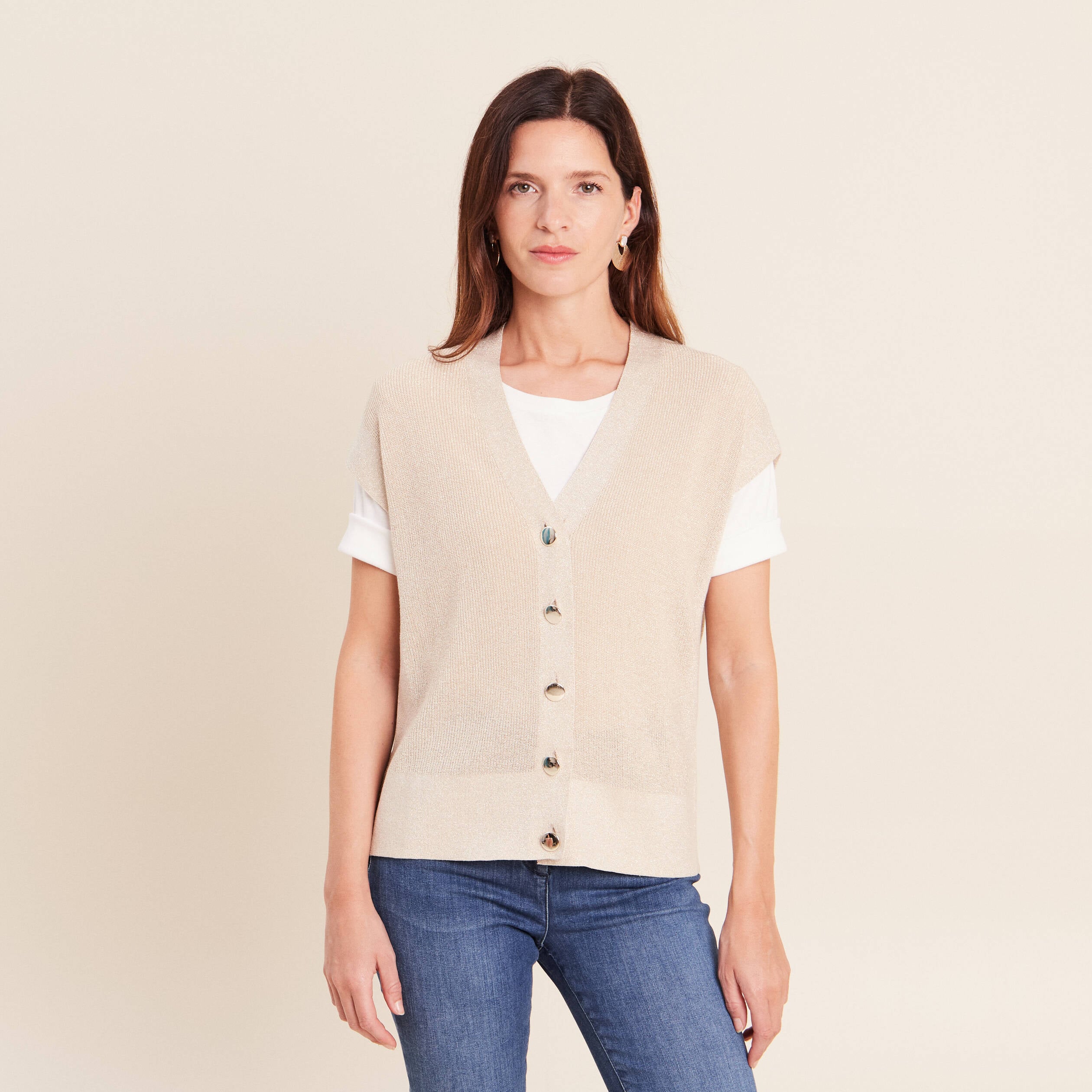 Gilet col v couleur or femme