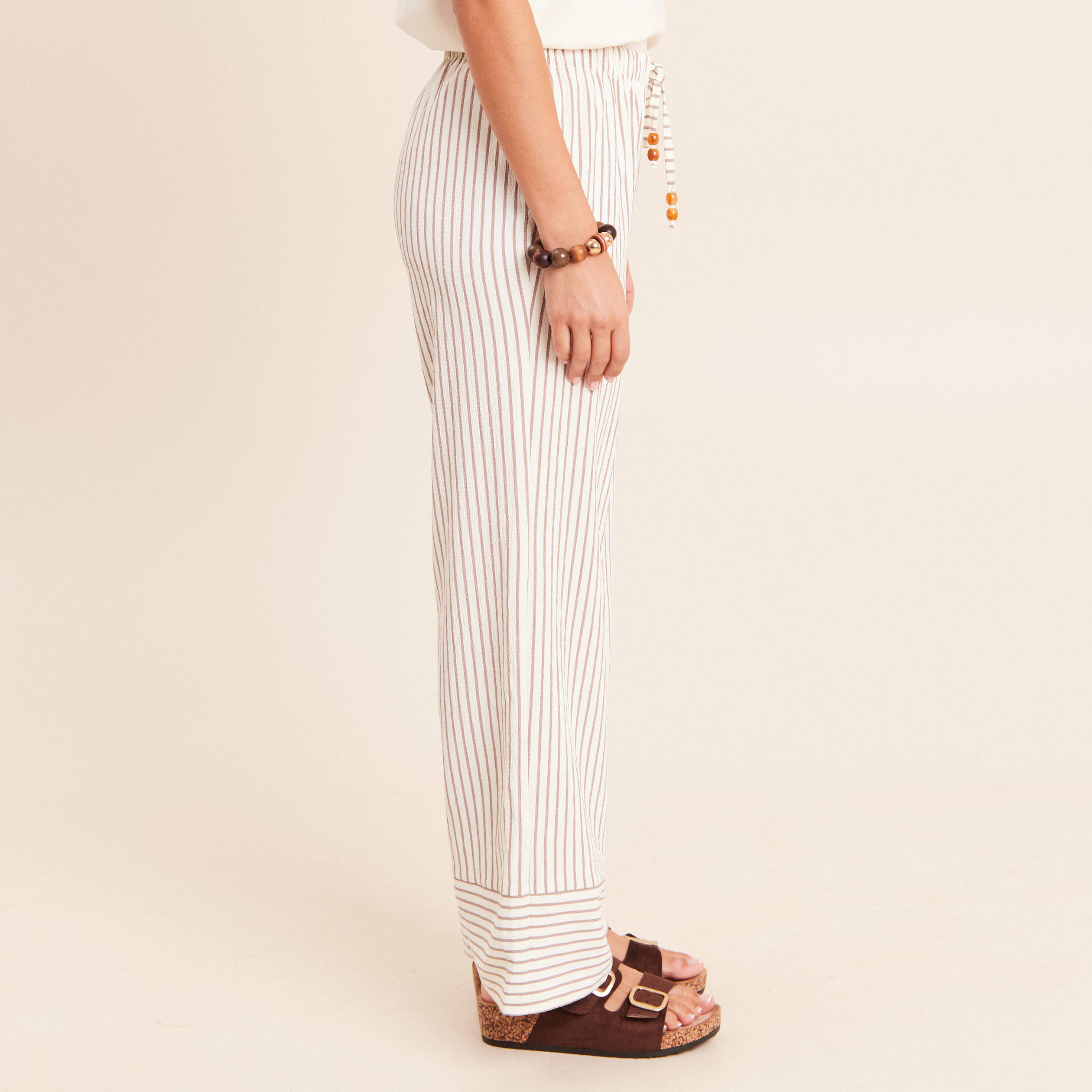 Pantalon large taille haute taupe femme