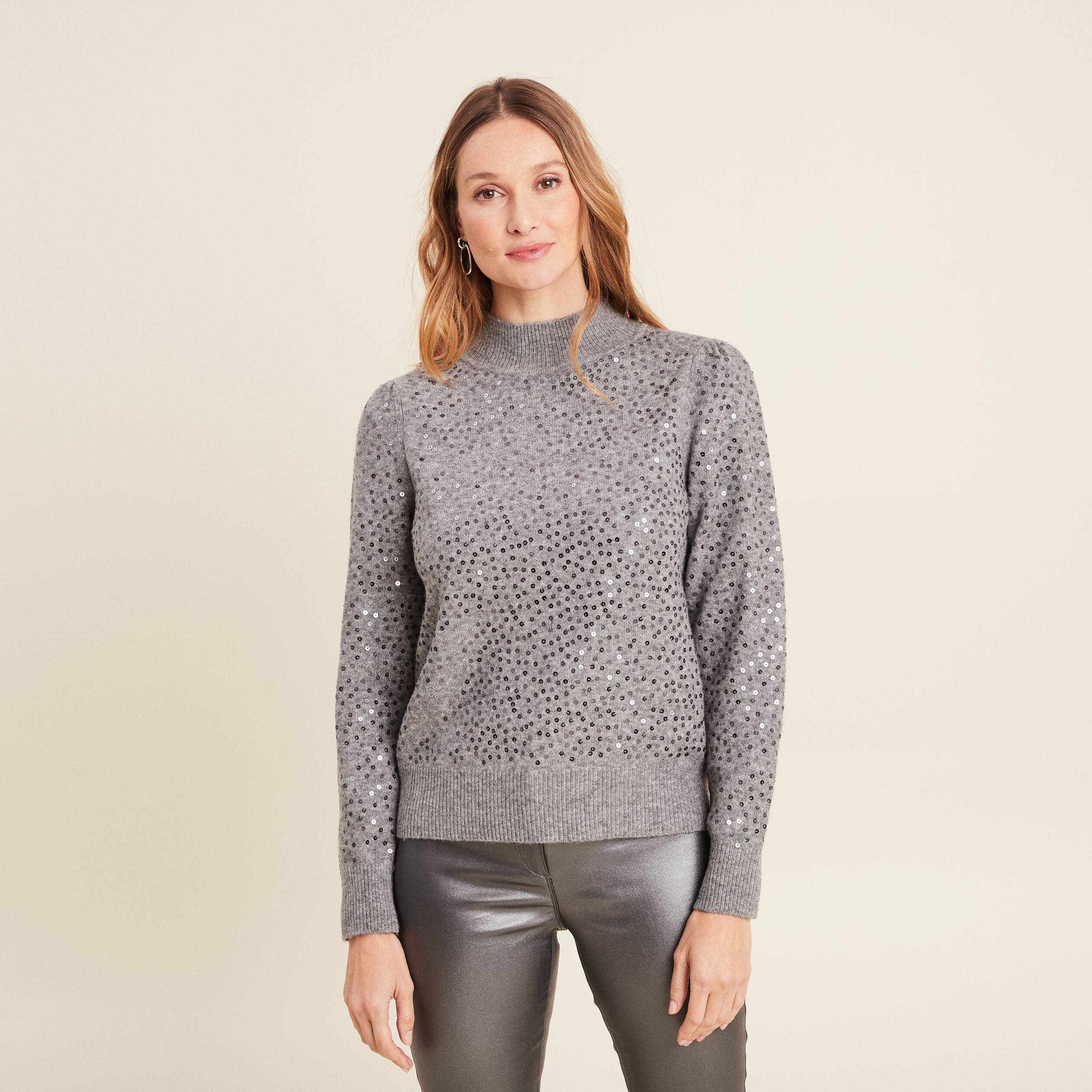 pull manches longues sequins gris clair femme Pull manches longues sequins gris clair femme