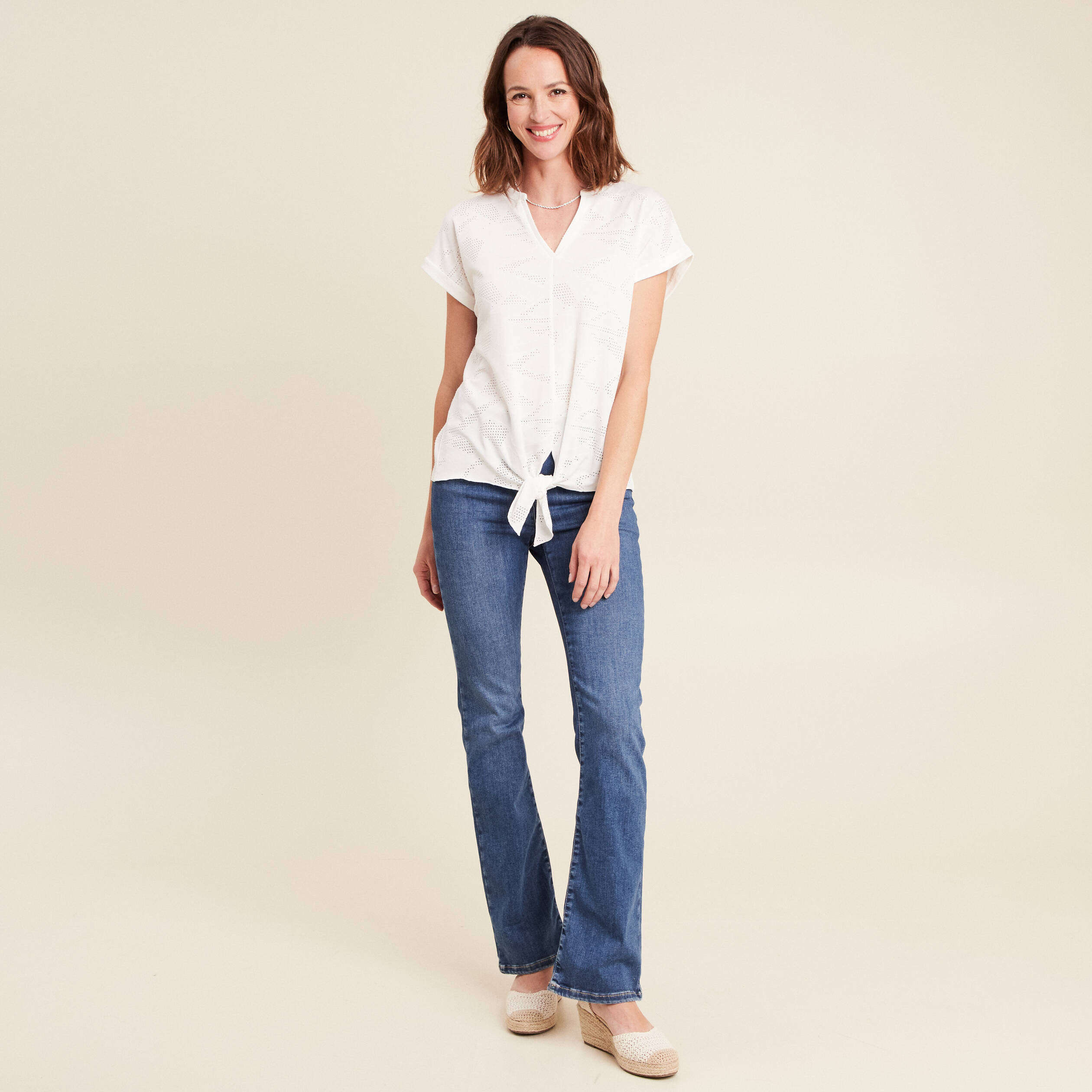 T-shirt col tunisien manches courtes blanc femme