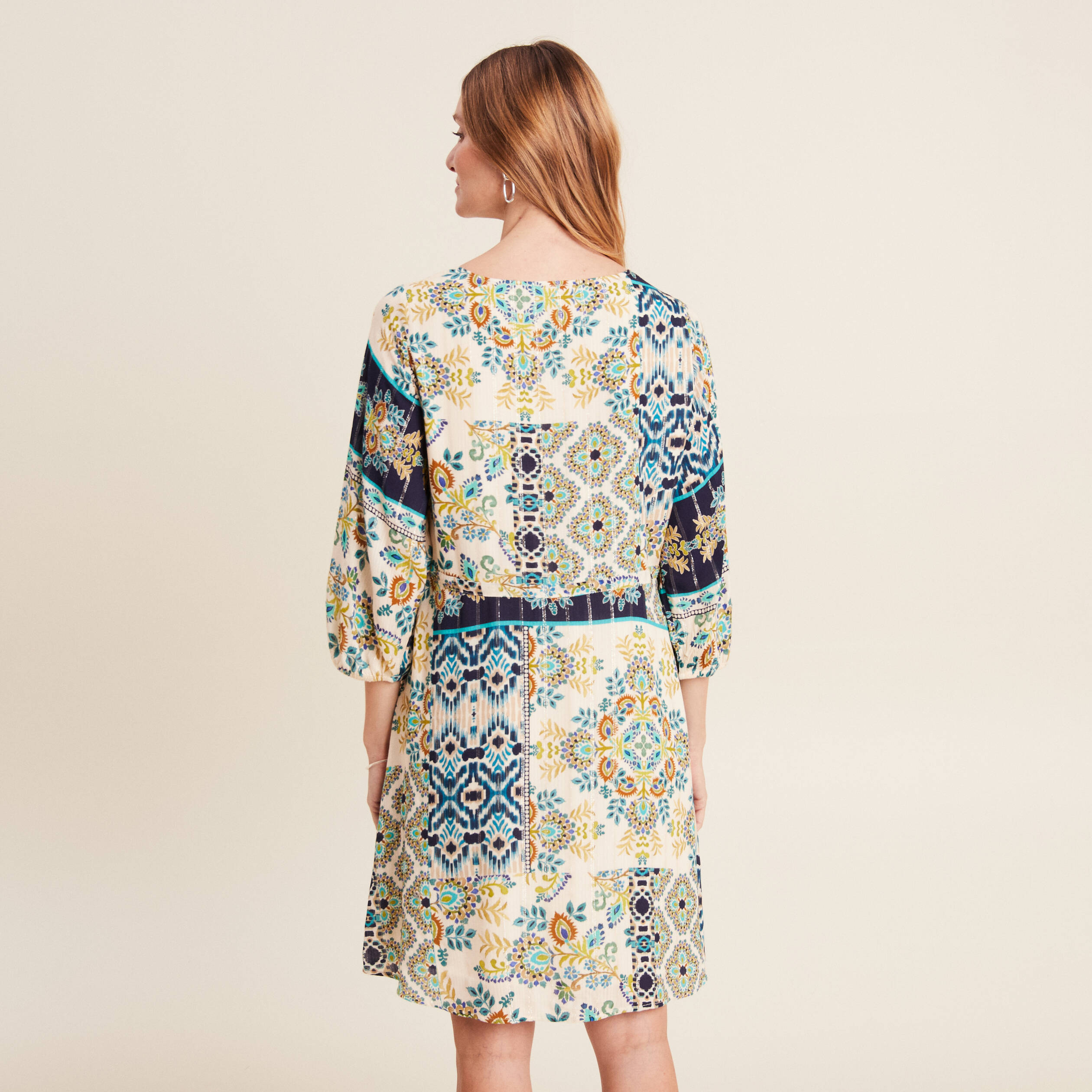 robe evasee fluide manches 34 bleu femme Robe évasée fluide manches 3/4 bleu femme