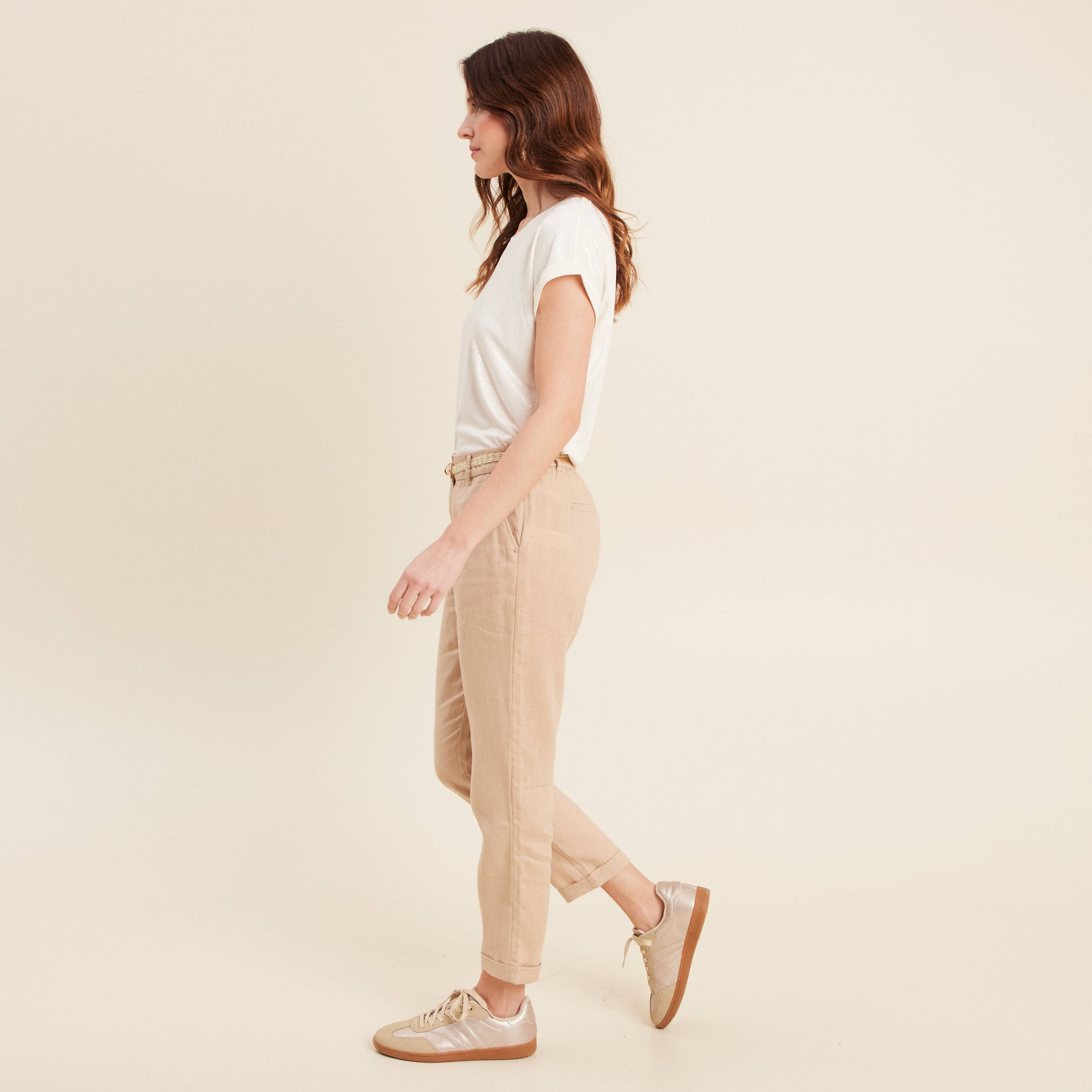 pantalon flou ceinture sable femme Pantalon flou ceinturé sable femme