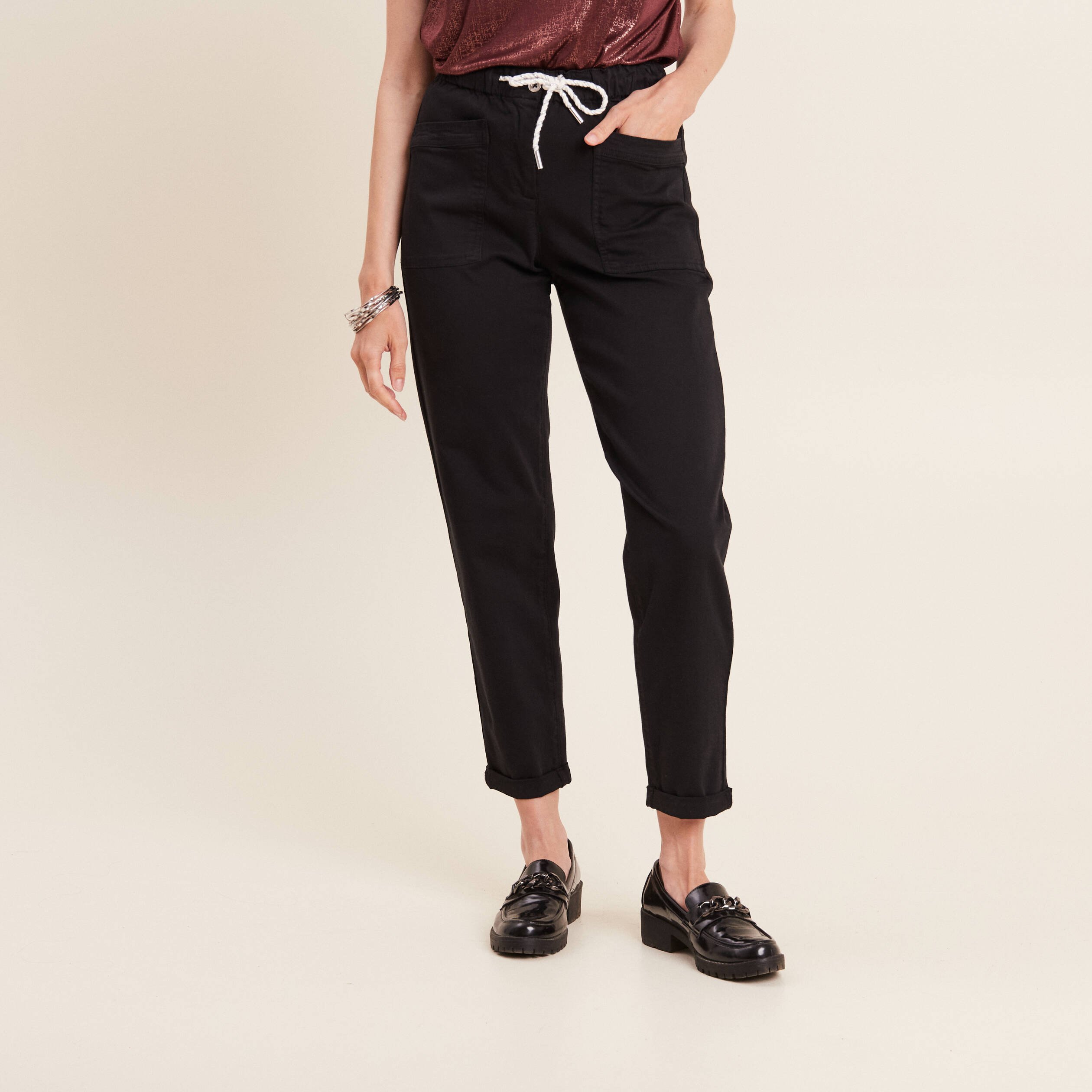 Pantalon coupe droite a coulisse noir femme Vibs