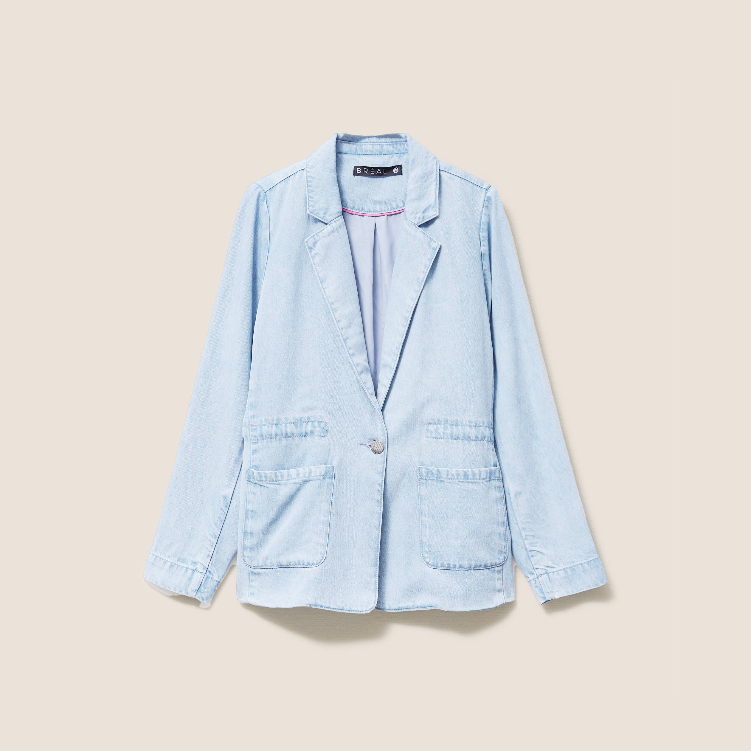 Veste longue cintr&eacute;e en jean doubl&eacute;e denim bleach femme