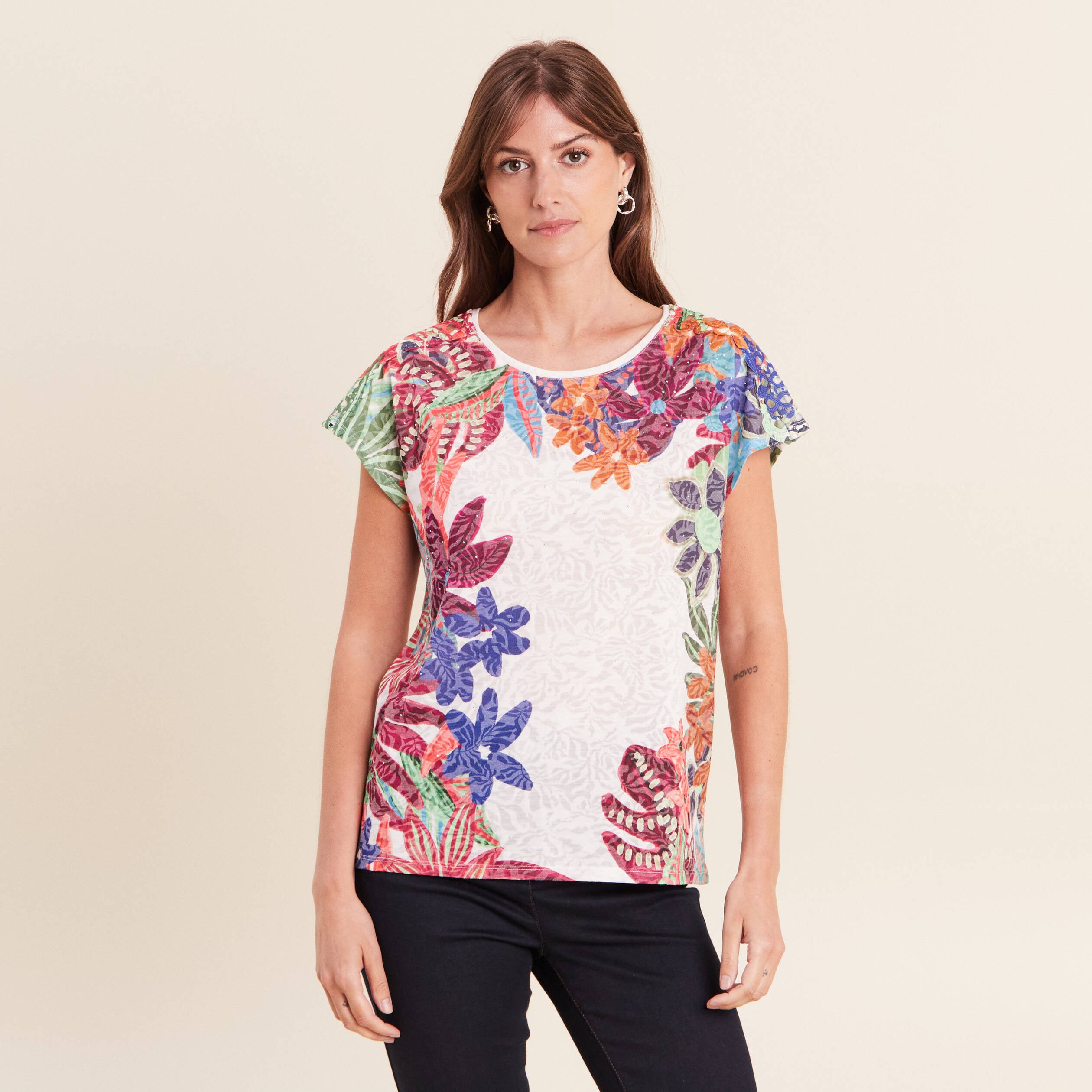 T-shirt droit col rond manches courtes ecru femme