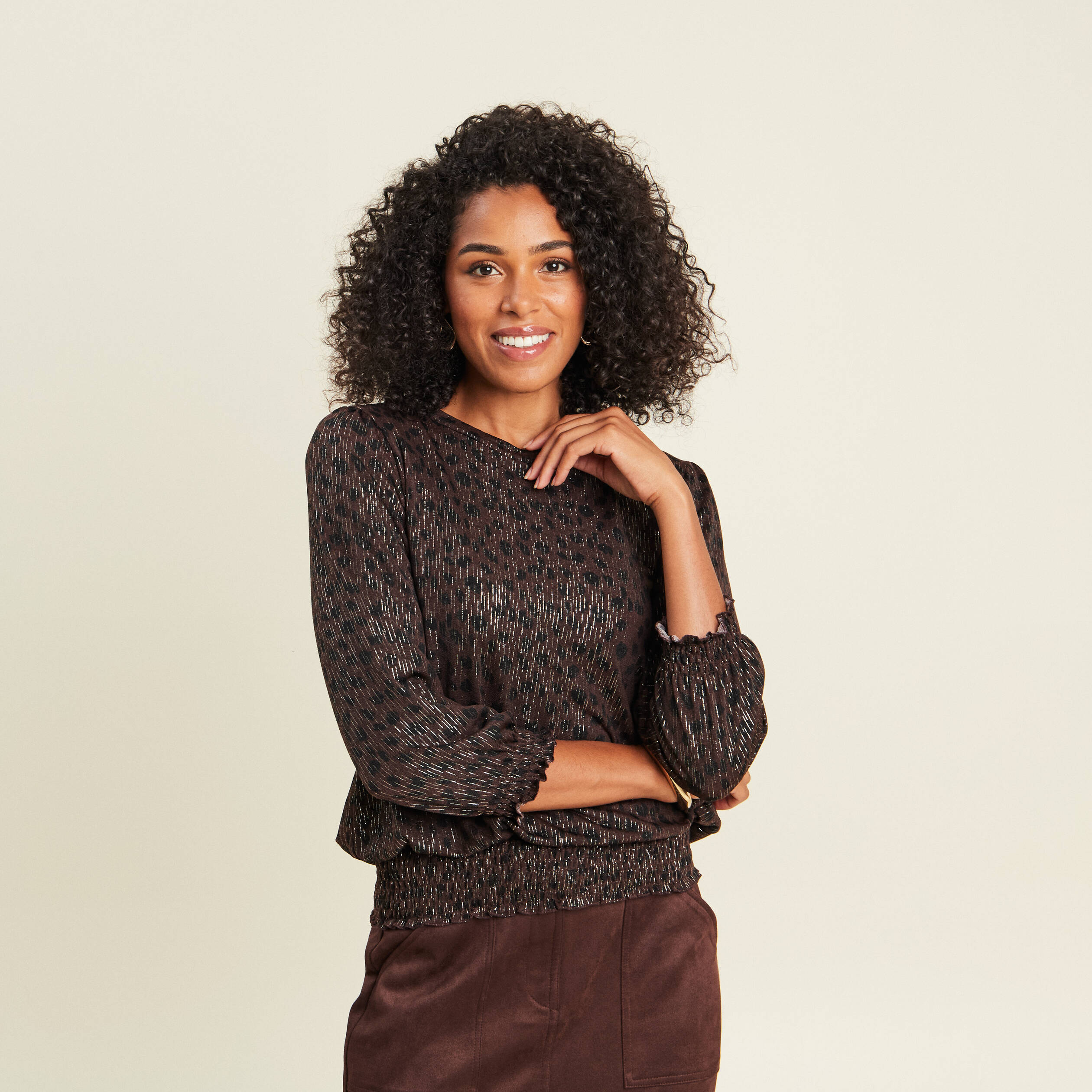 T-shirt col rond manches 3/4 marron fonc&eacute; femme