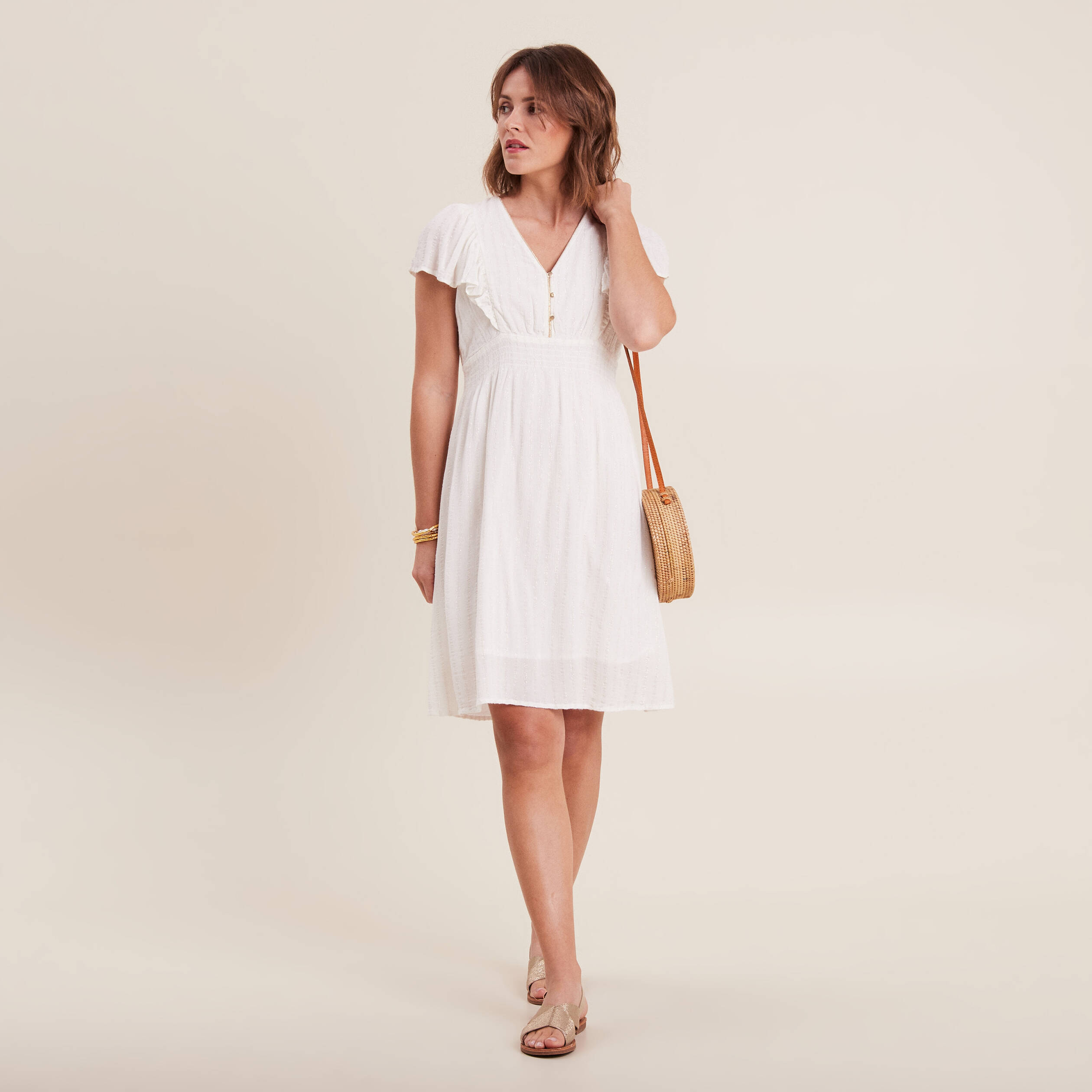 robe droite fluide smockee ecru femme Robe droite fluide smockée ecru femme