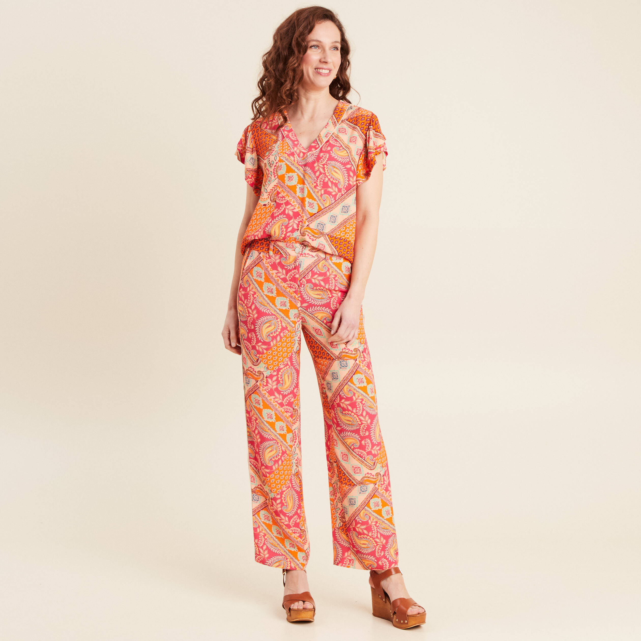 pantalon large taille haute orange femme Pantalon large taille haute orange femme