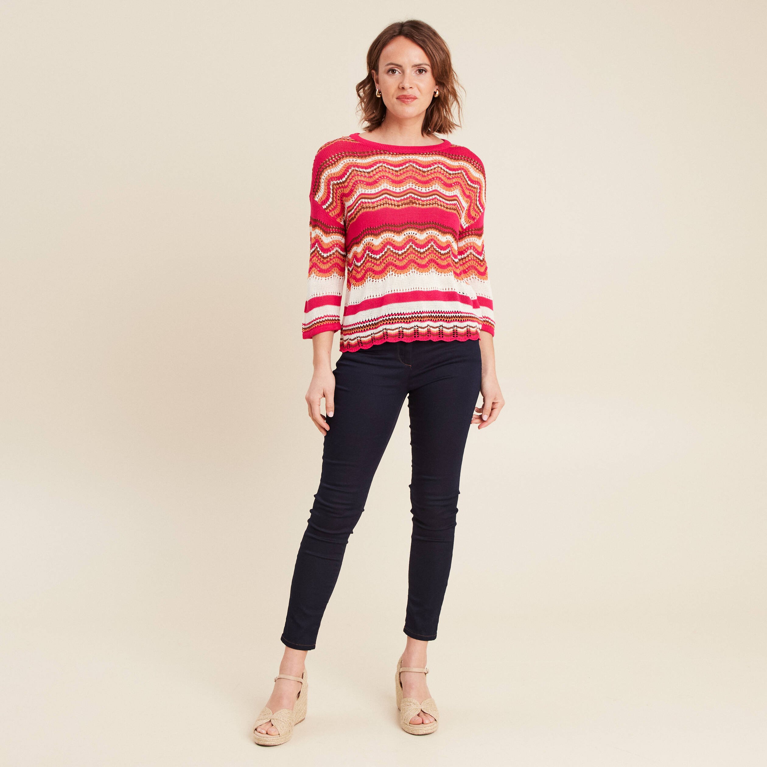 pull manches 34 ajoure rose fushia femme Pull manches 3/4 ajouré rose fushia femme