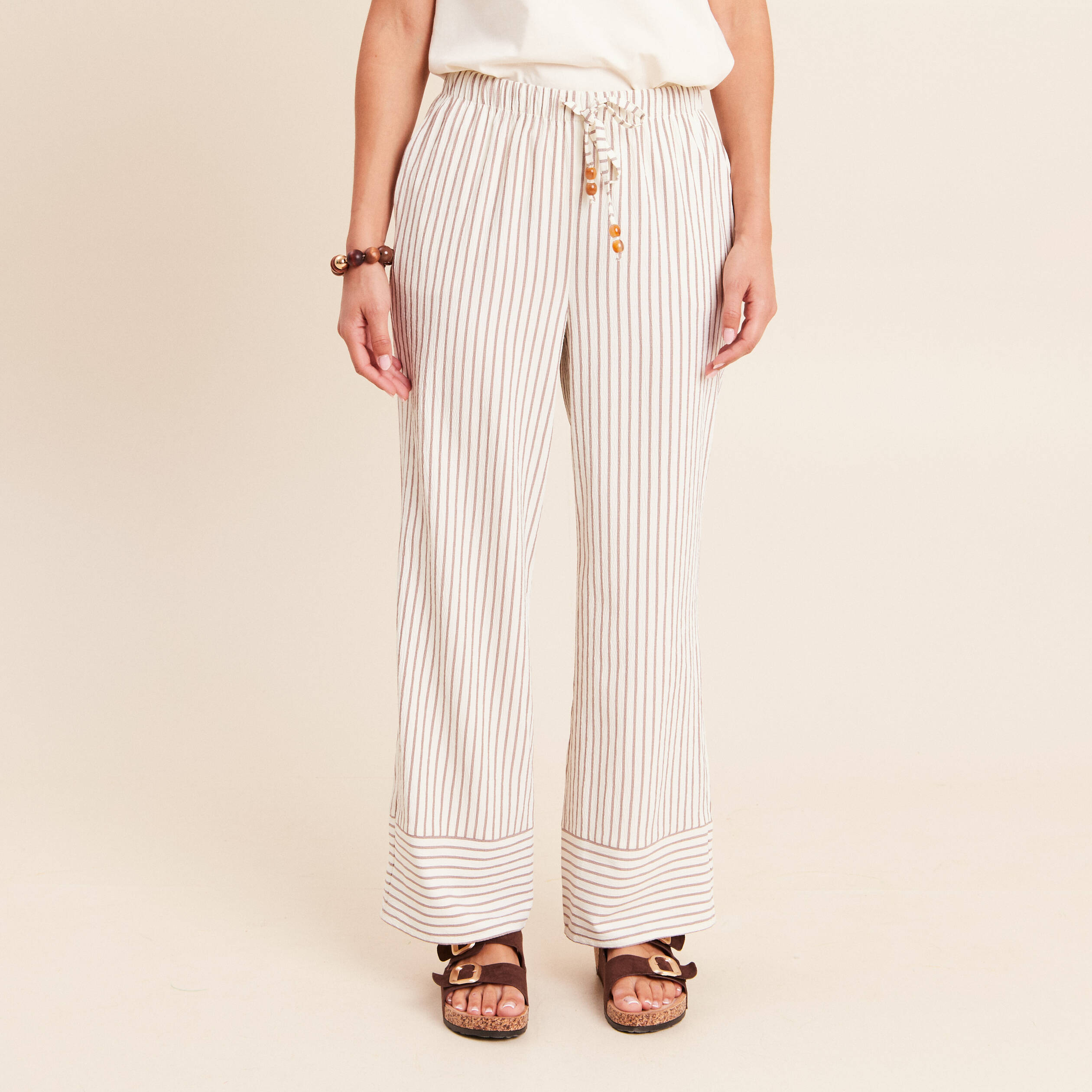 Pantalon large taille haute taupe femme