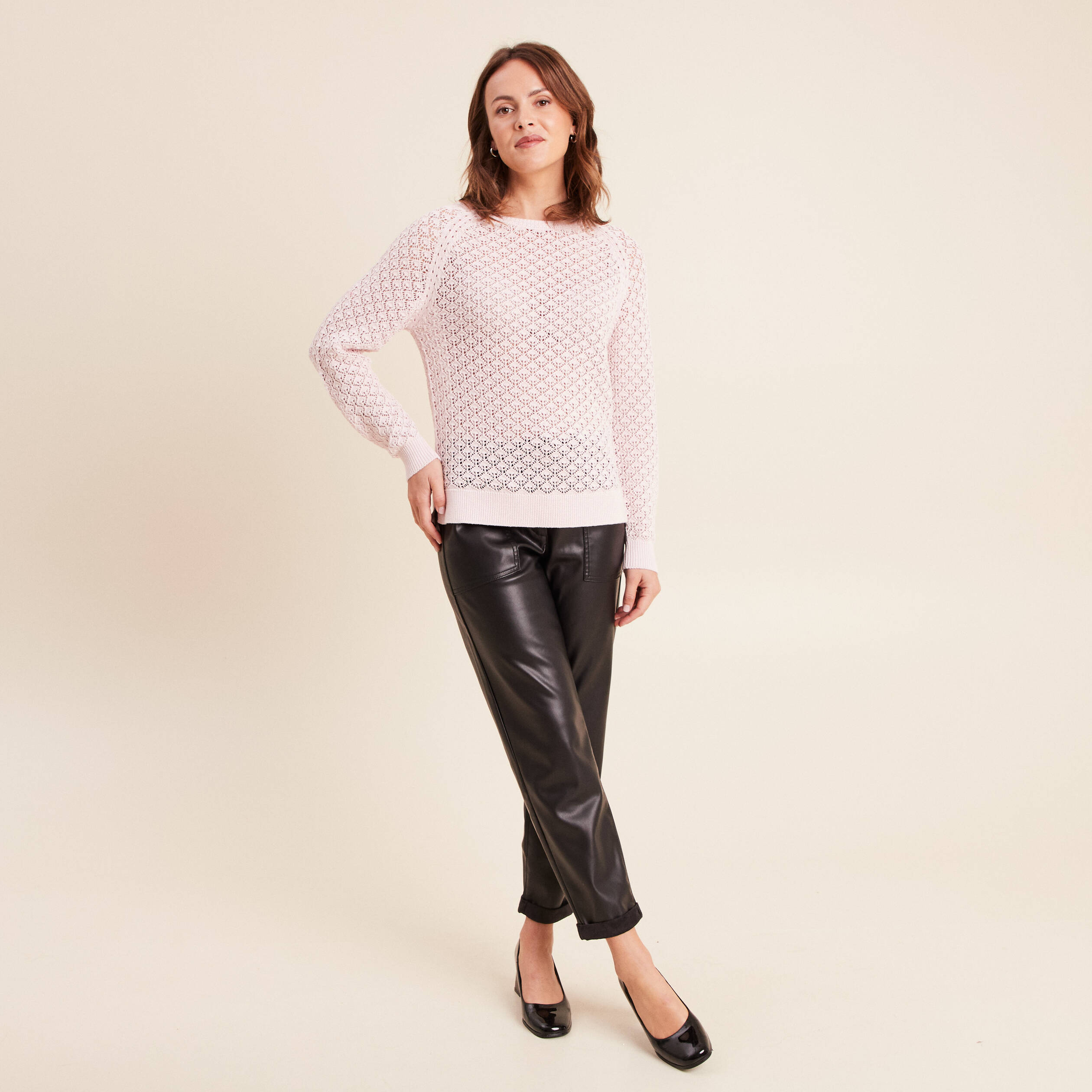 Pull col rond manches longues rose clair femme