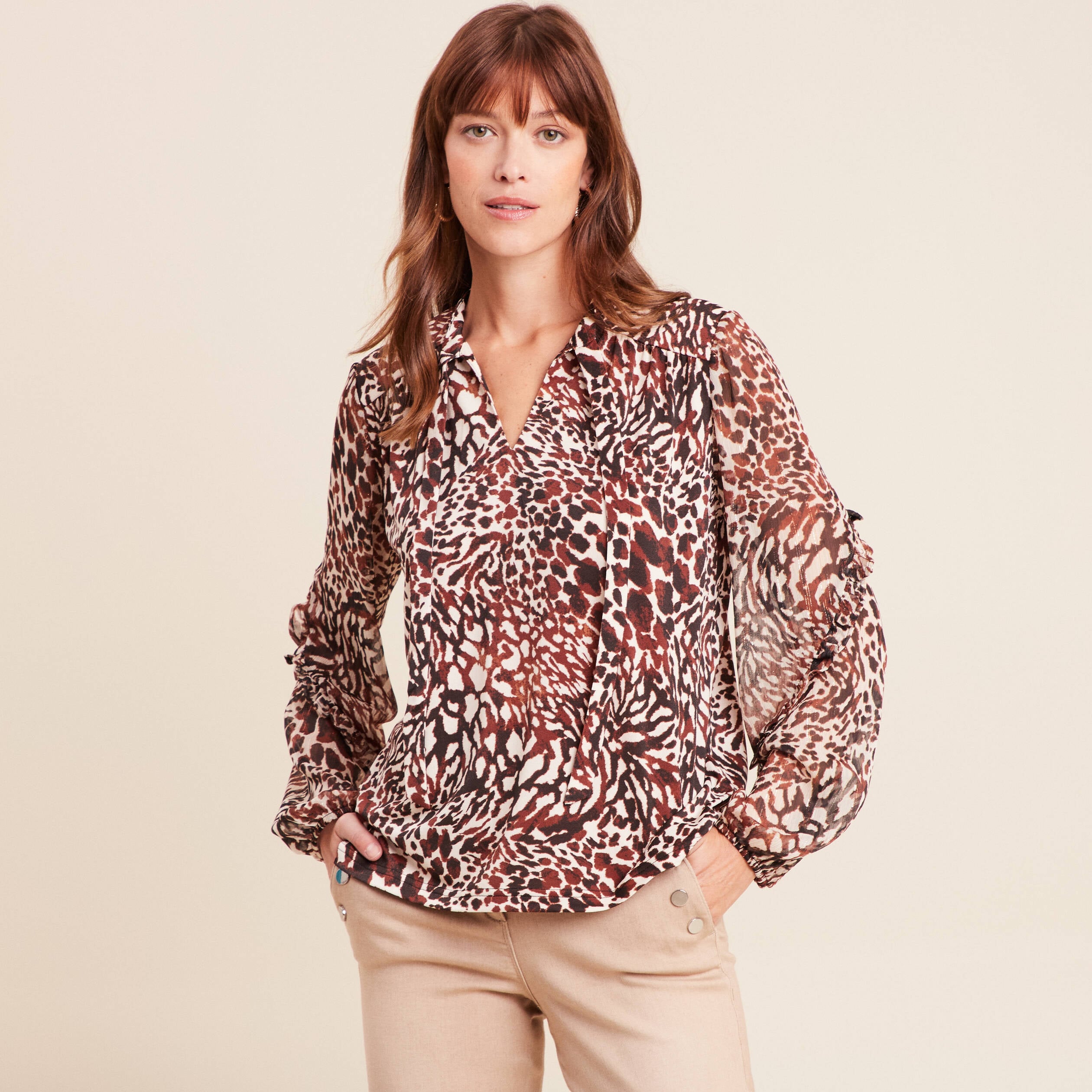 T-shirt manches longues col nou&eacute; marron femme