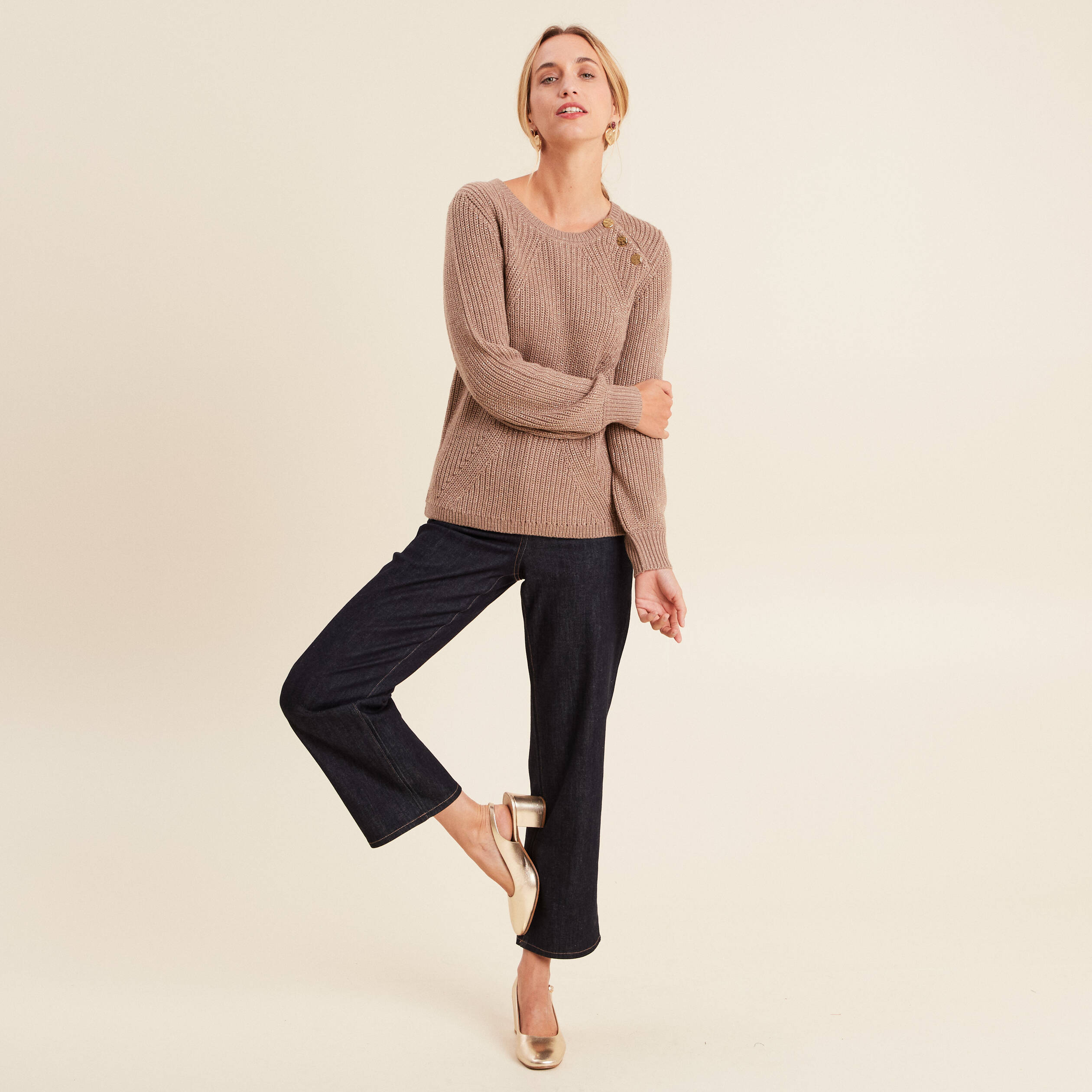 Pull Manches 3/4 Taupe Femme - Marque 'La Mode Est à Vous' - Taille 38 (M) - Occasion Très Bon état