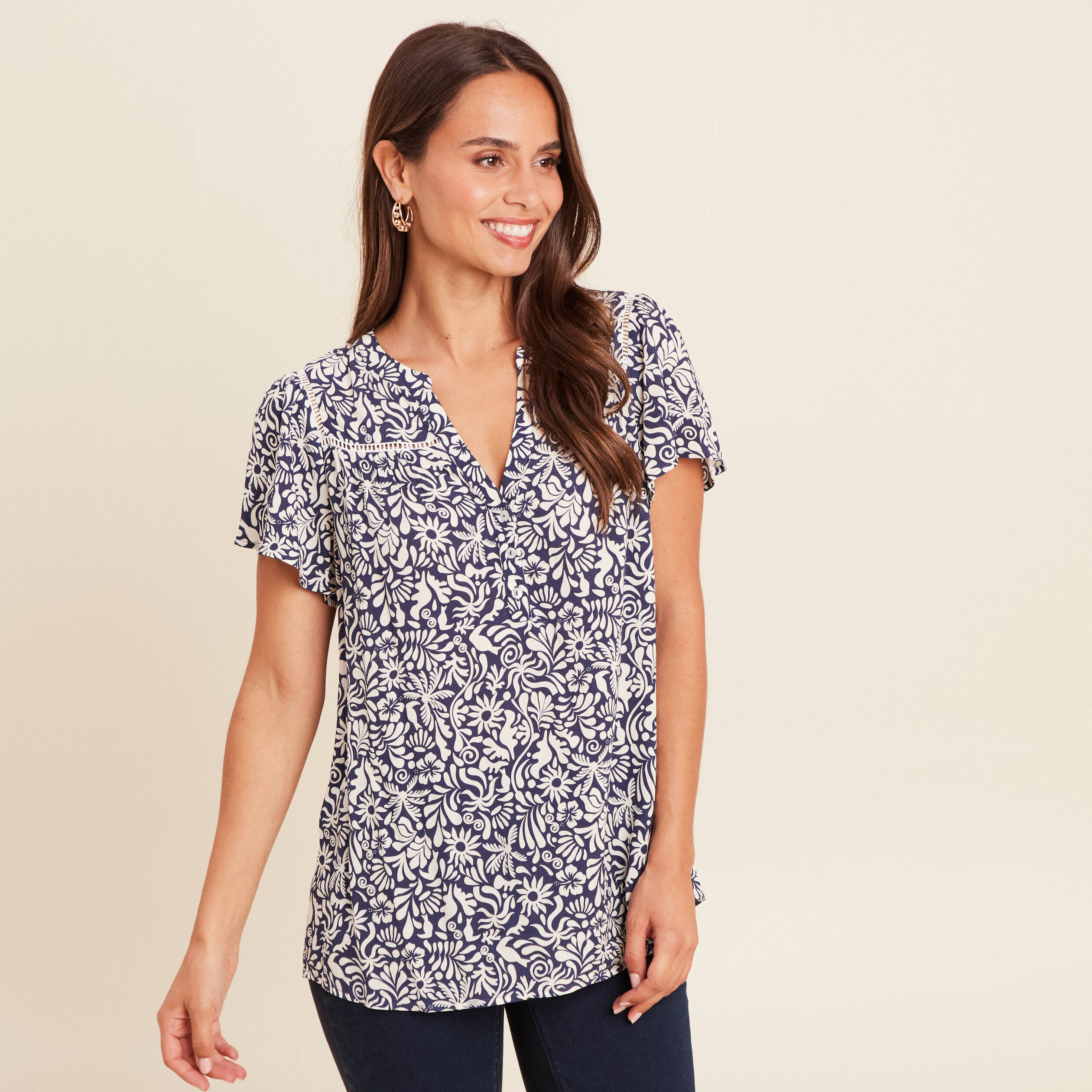blouse fluide col v manches courtes bleu femme Blouse fluide col V manches courtes bleu femme