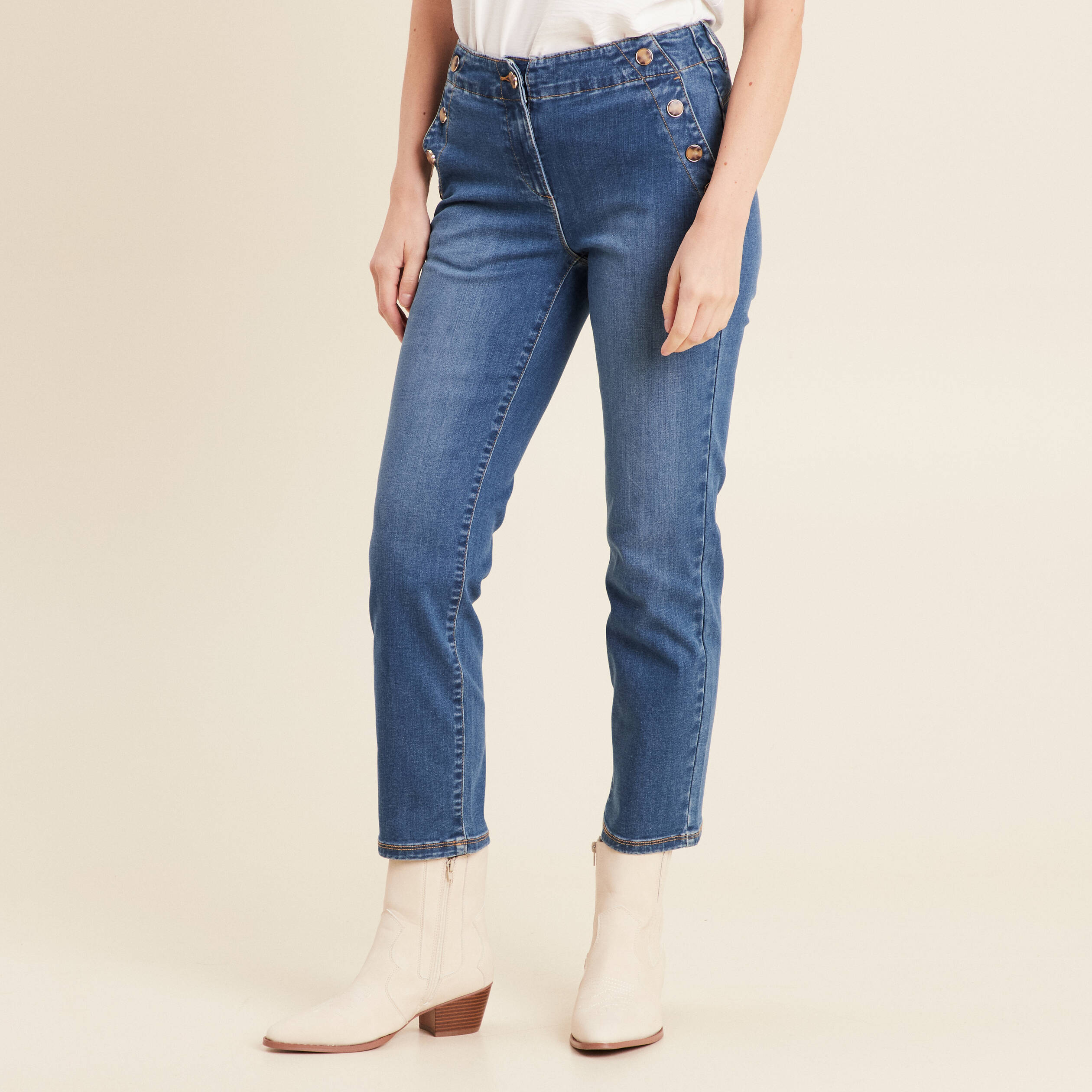 jean droit 78eme a pont denim stone femme Jean droit 7/8ème à pont denim stone femme