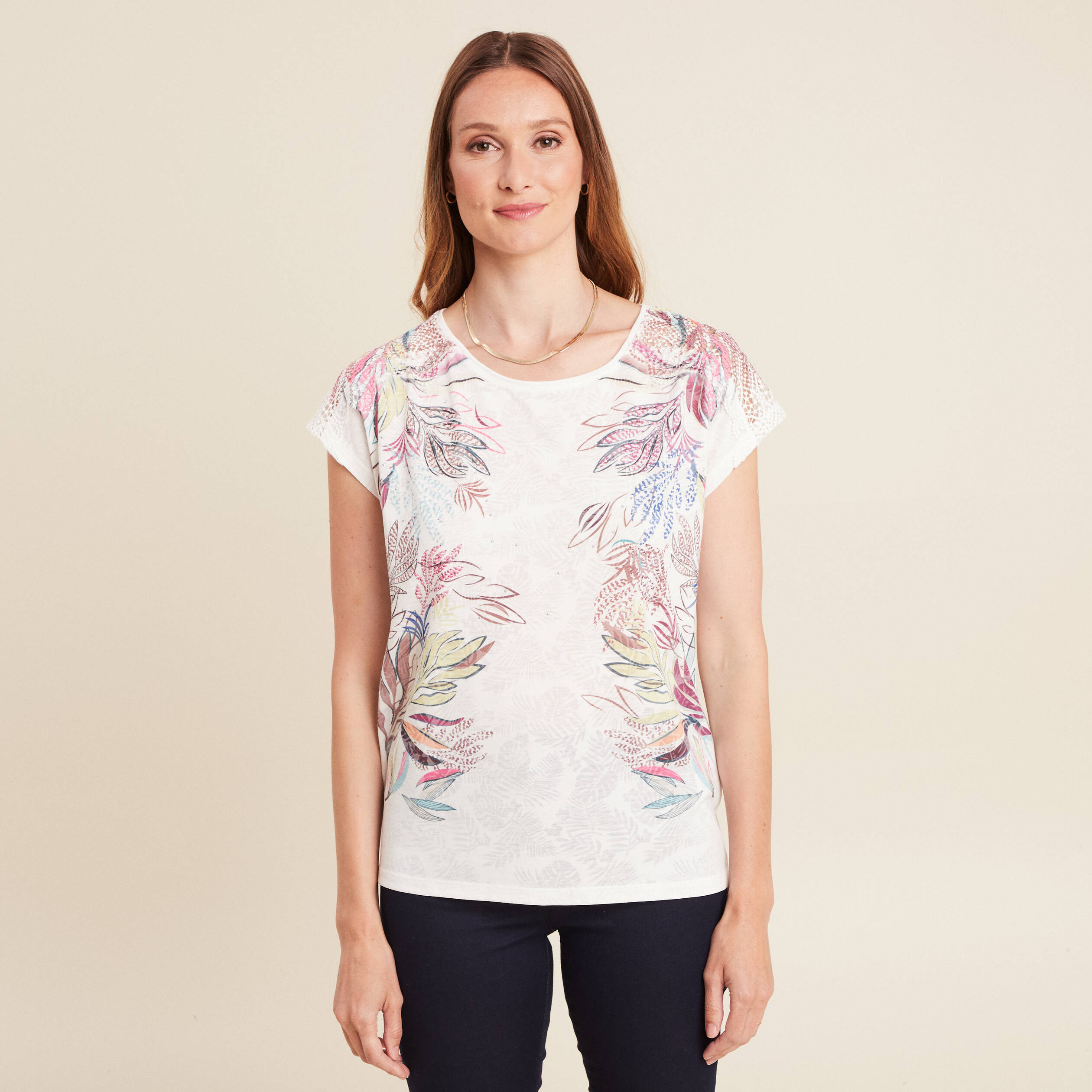 t shirt col rond manches courtes ecru femme T-shirt col rond manches courtes ecru femme