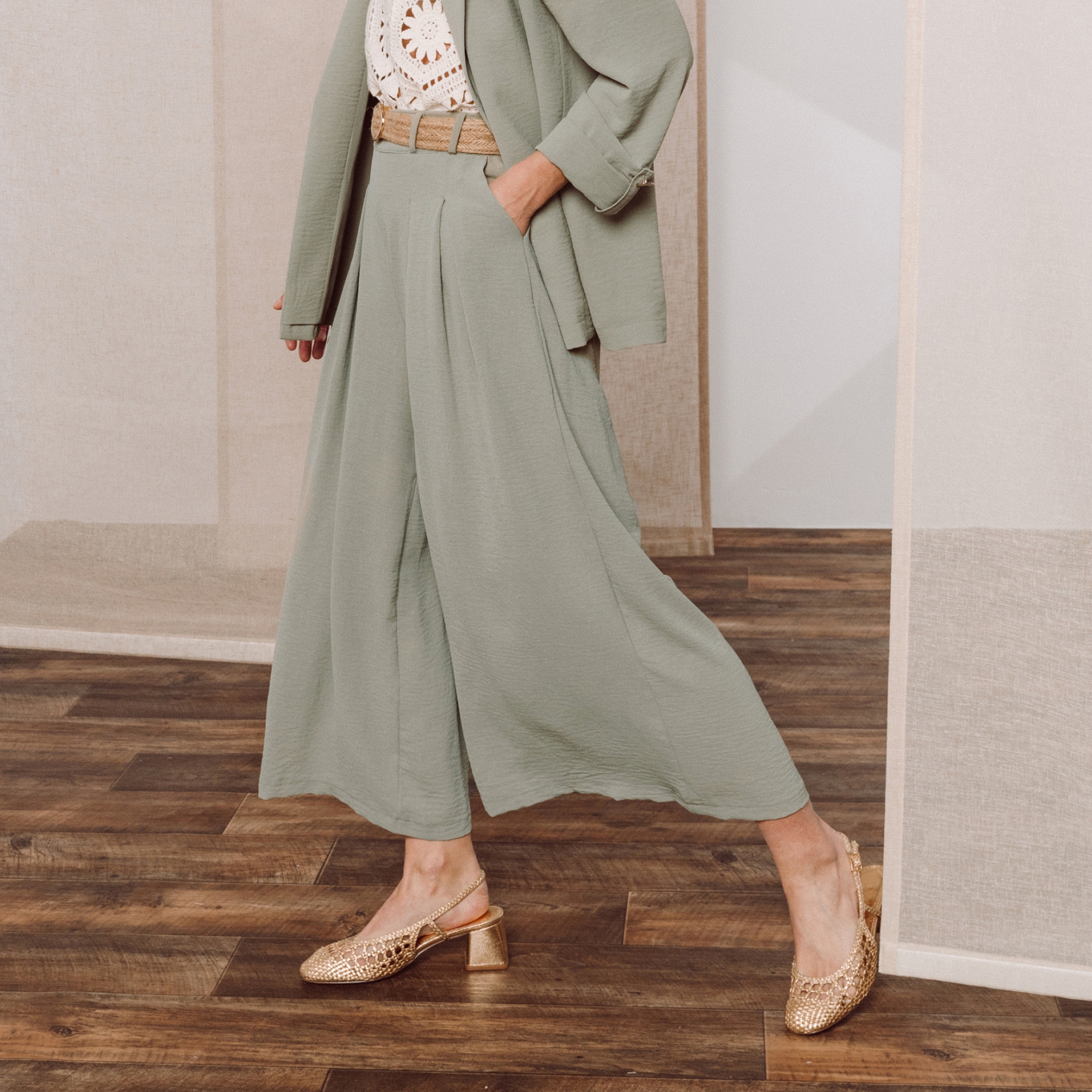 Pantalon jupe-culotte large vert clair femme